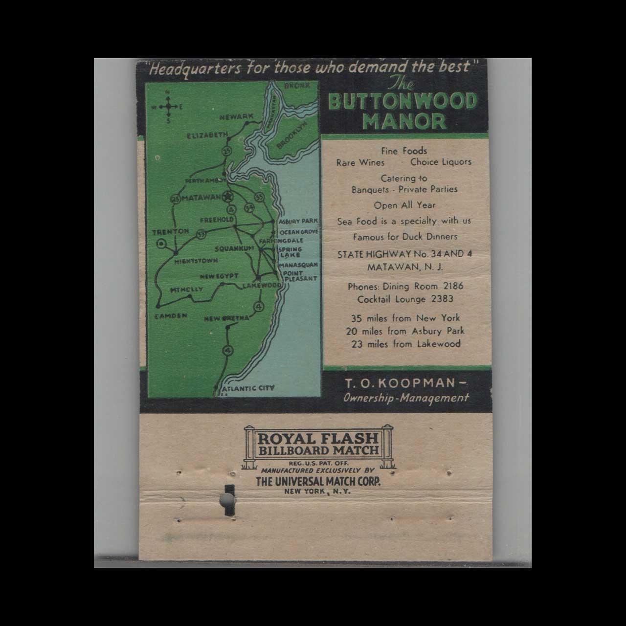Royal Flash Buttonwood Manor Matchbook Cover Matawan NJ Royal Flash Buttonwood Manor Matchbook Cover Matawan NJ