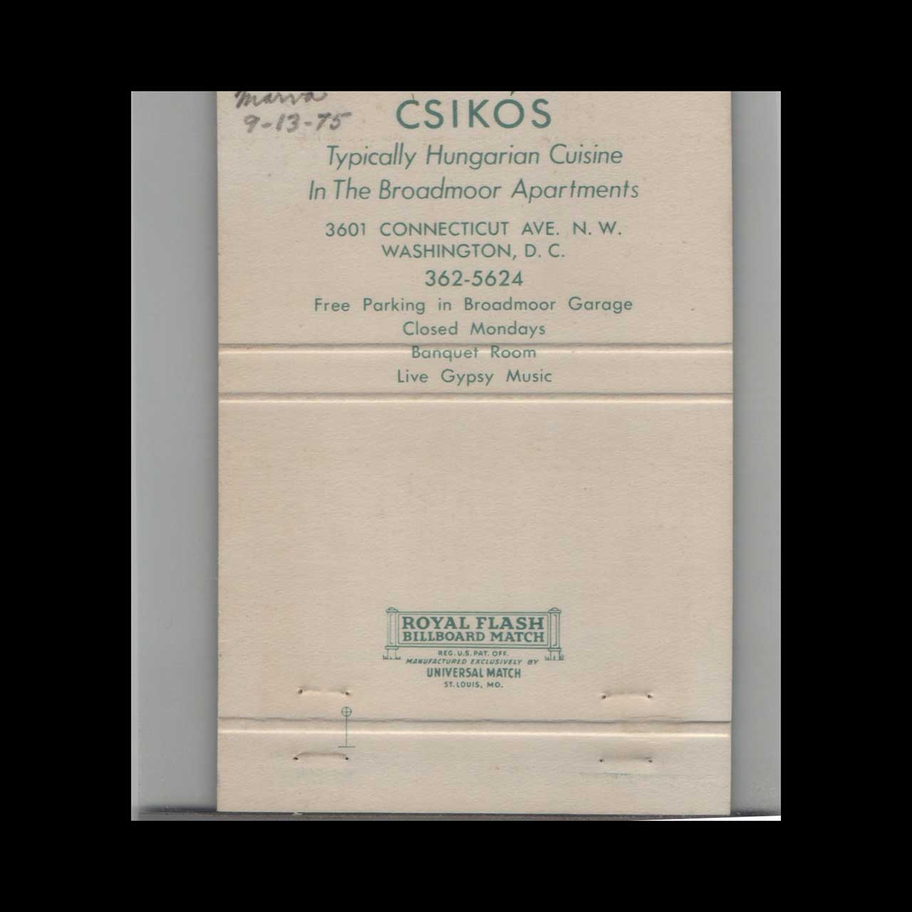 Royal Flash Csikos Hungarian Restaurant Matchbook Cover Royal Flash Csikos Hungarian Restaurant Matchbook Cover
