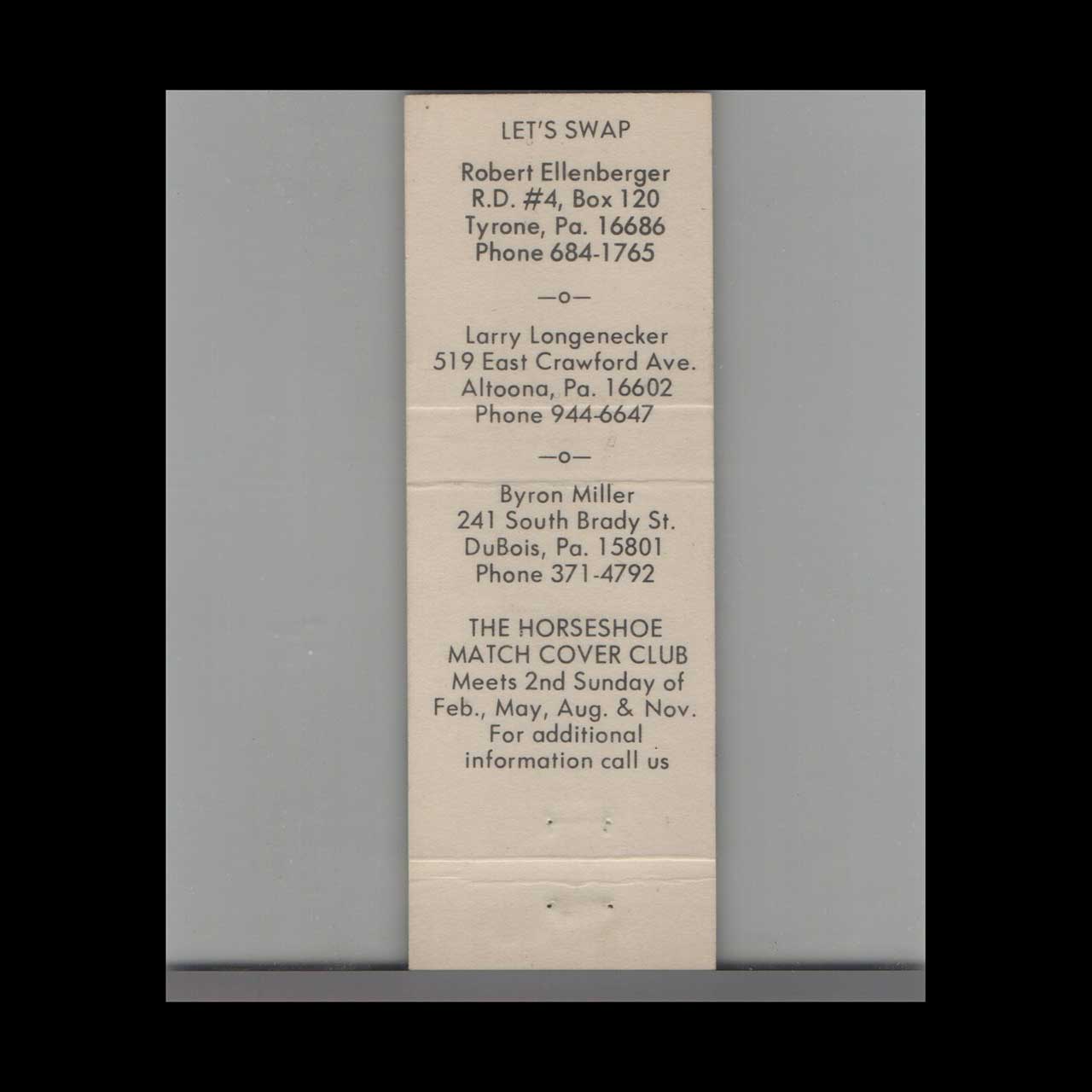 Matchbook Cover Horseshoe Curve Matchcover Club Western PA Matchbook Cover Horseshoe Curve Matchcover Club Western PA