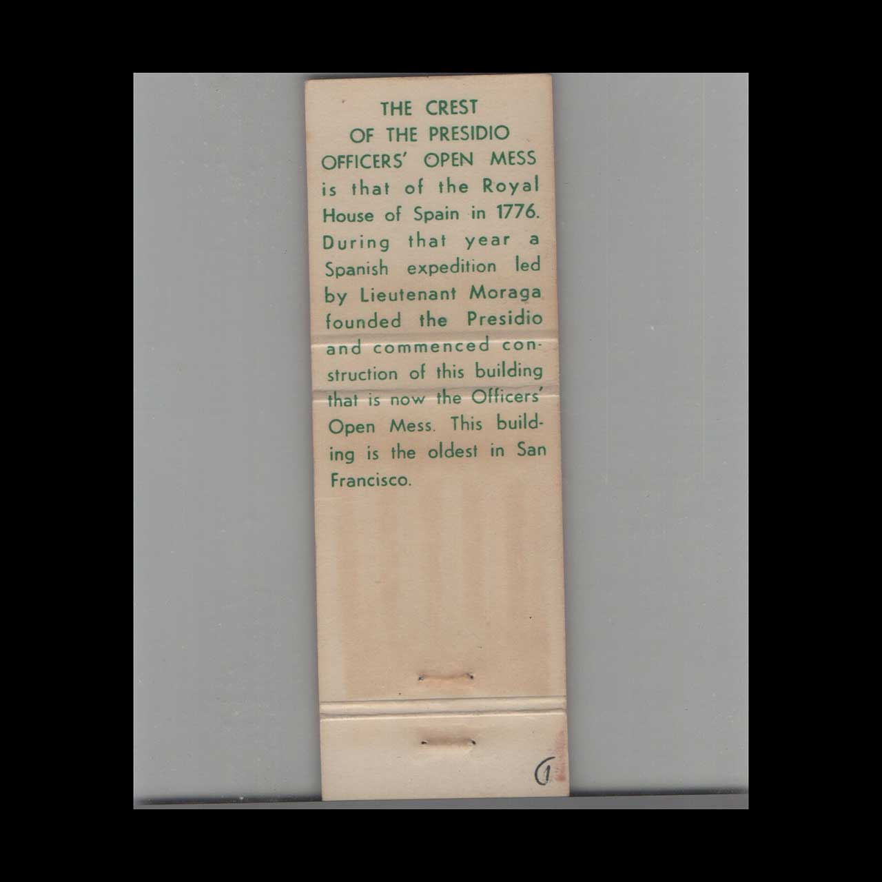 Presidio Officers Open Mess Matchbook Cover San Francisco Presidio Officers Open Mess Matchbook Cover San Francisco