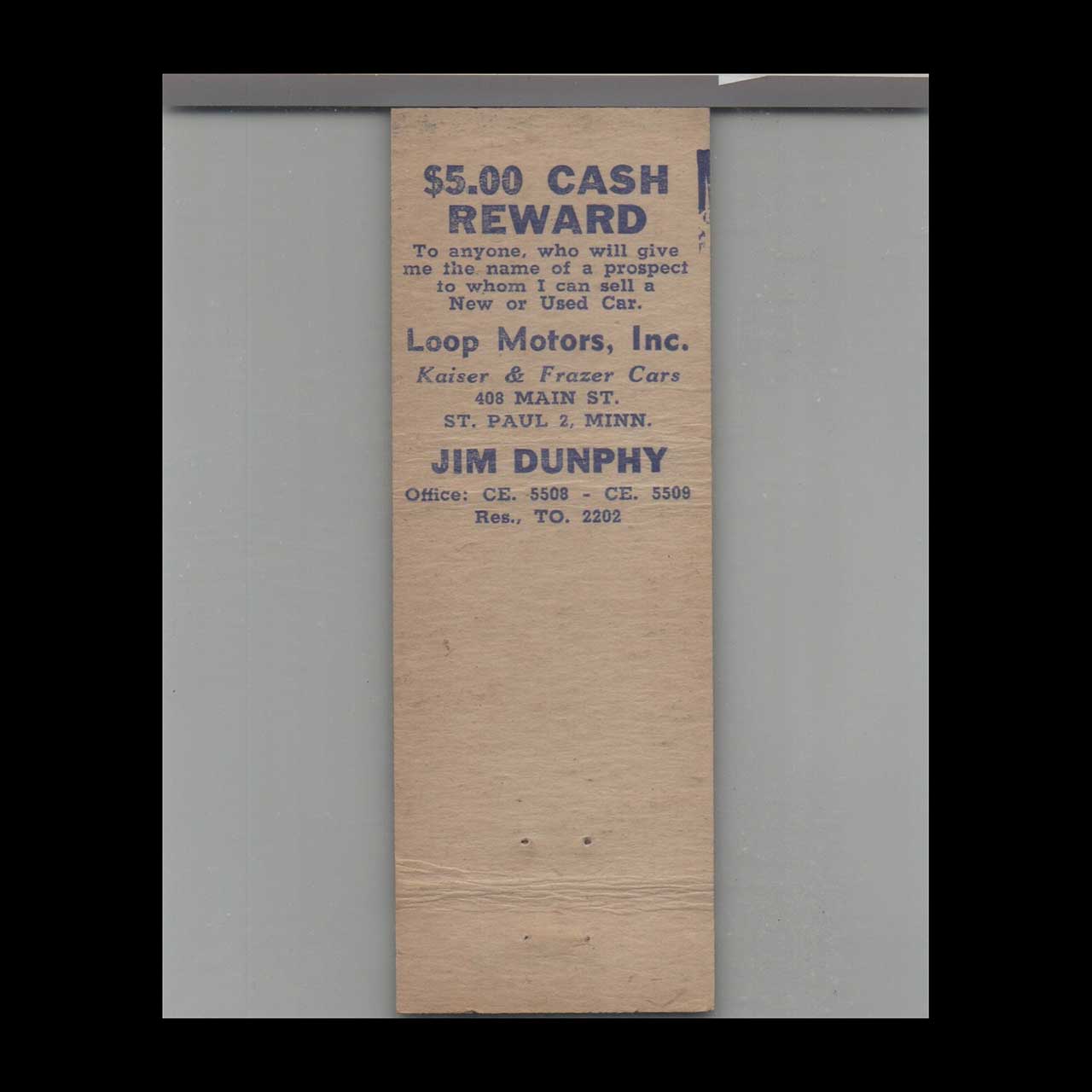 Kaiser Frazer Auto Dealer Matchbook Cover St Paul MN Kaiser Frazer Auto Dealer Matchbook Cover St Paul MN