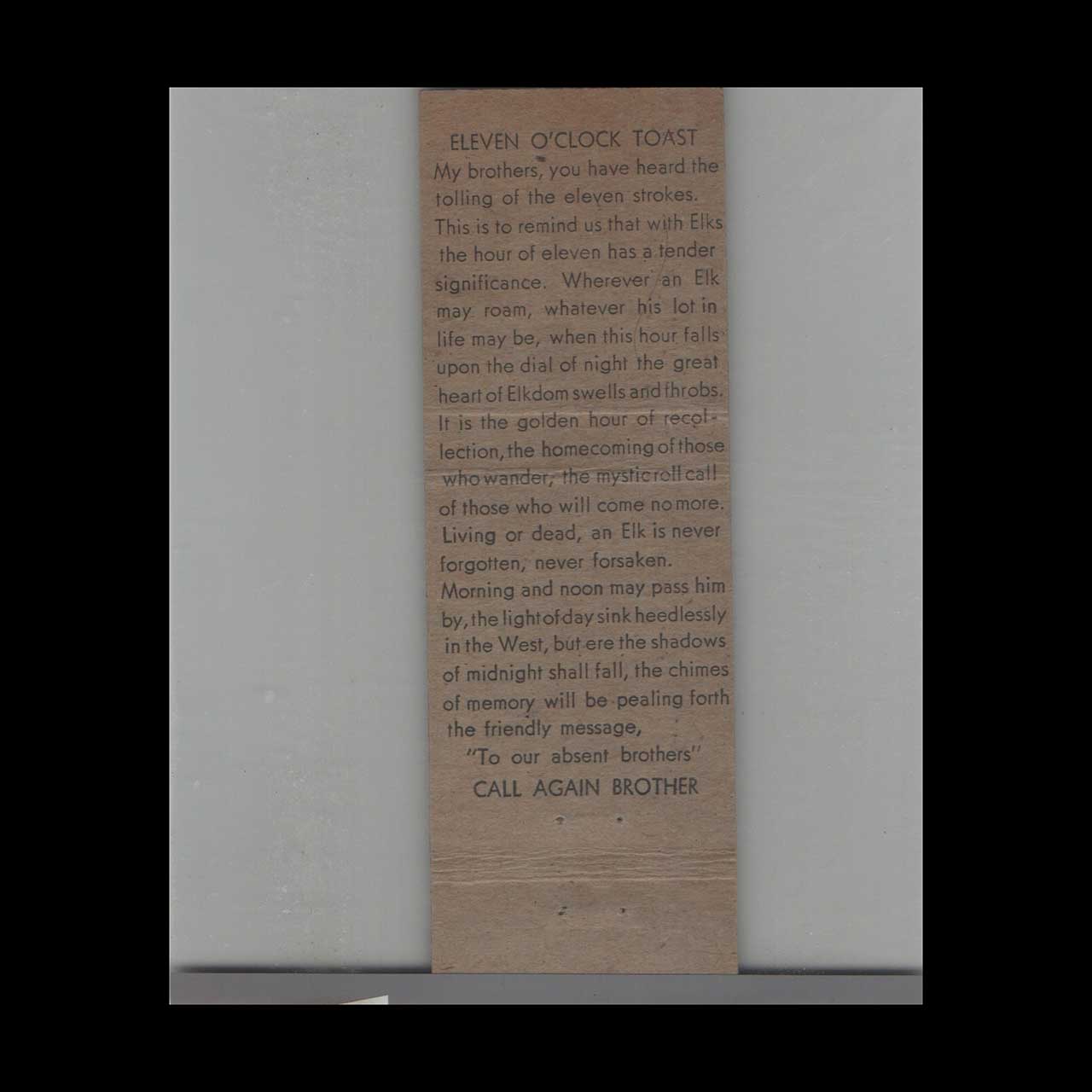 BPOE Elks Lodge No 879 Claremont NH Matchbook Cover BPOE Elks Lodge No 879 Claremont NH Matchbook Cover