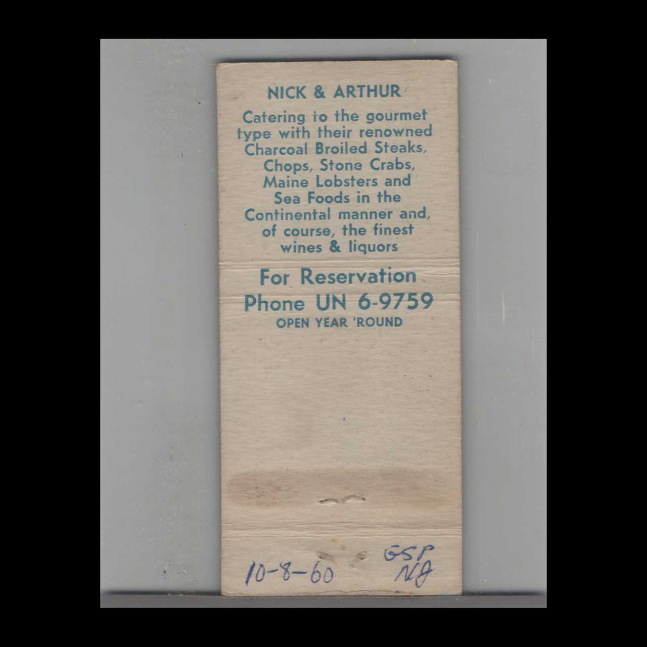 Matchbook Cover Miami Beach FL Nick And Arthur Restaurant Blue Matchbook Cover Miami Beach FL Nick And Arthur Restaurant Blue