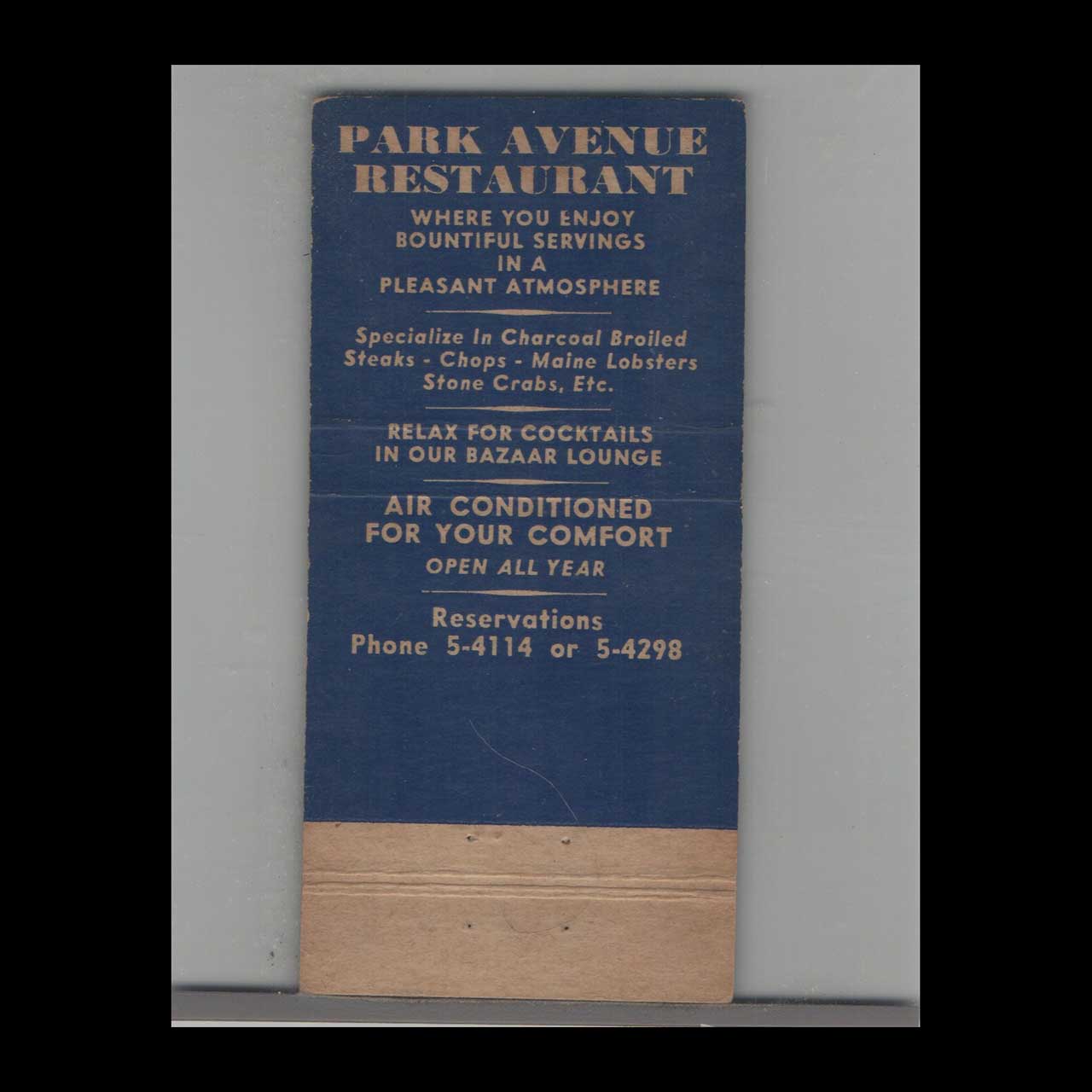 Matchbook Cover Miami Beach FL Park Avenue Restaurant Bar & Lounge Matchbook Cover Miami Beach FL Park Avenue Restaurant Bar & Lounge