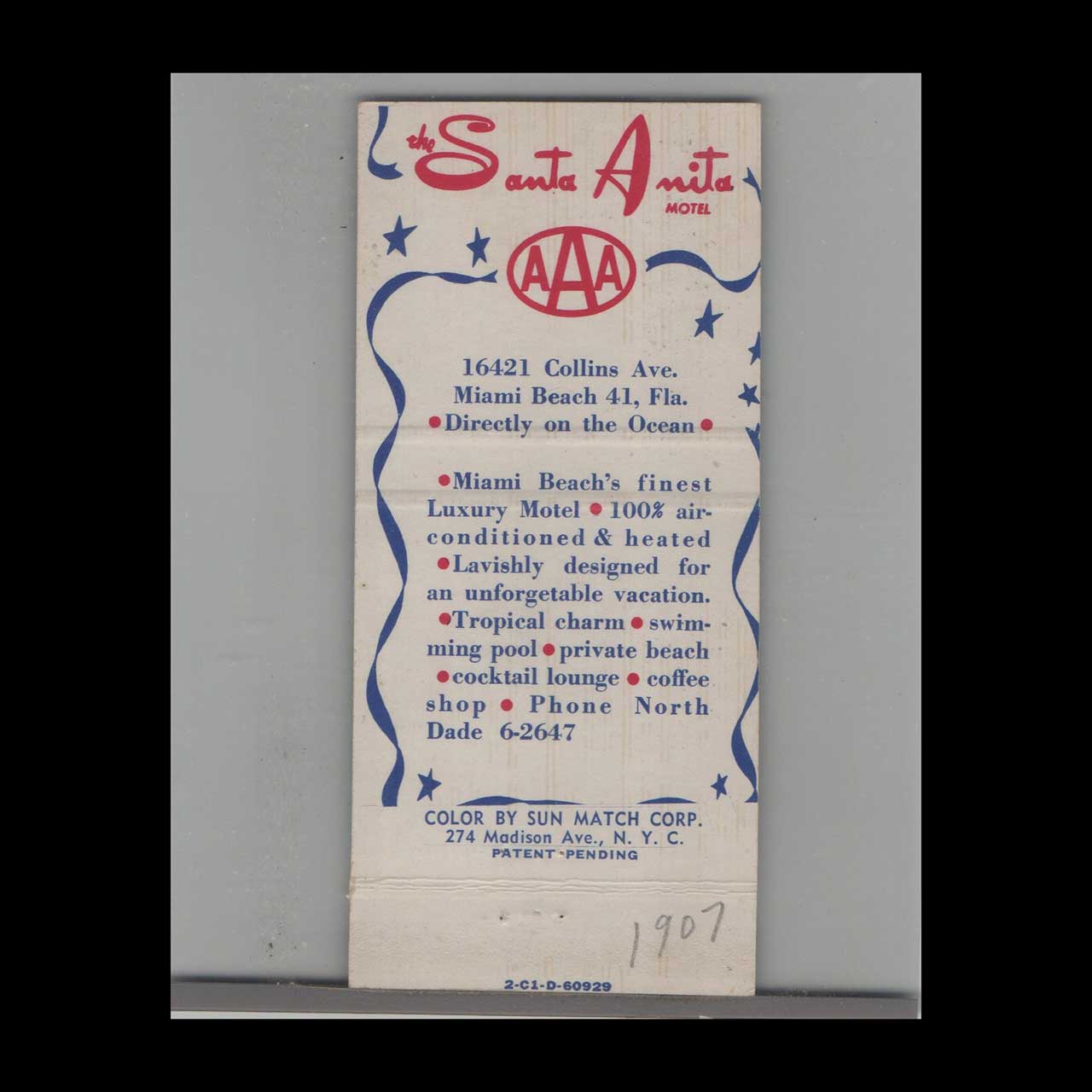 Matchbook Cover Miami Beach FL Santa Anita Motel Matchbook Cover Miami Beach FL Santa Anita Motel