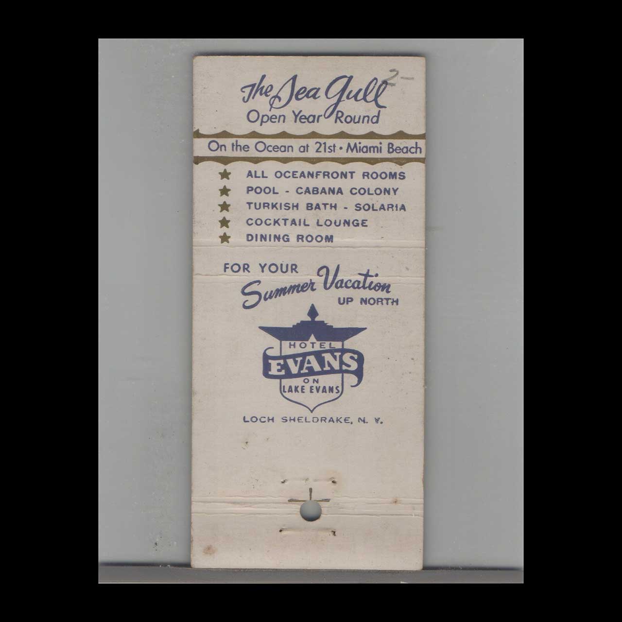 Matchbook Cover Miami Beach FL Sea Gull Hotel & Cabana Colony Matchbook Cover Miami Beach FL Sea Gull Hotel & Cabana Colony