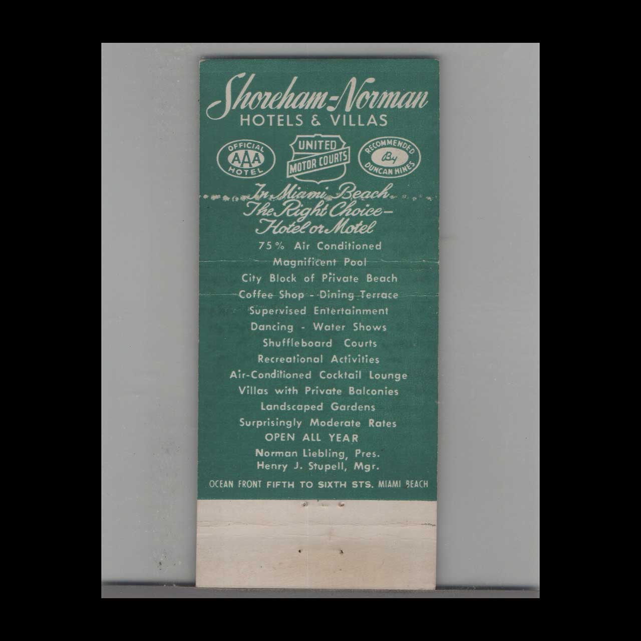 Matchbook Cover Miami Beach FL Shoreham Norman Hotels & Villas Matchbook Cover Miami Beach FL Shoreham Norman Hotels & Villas