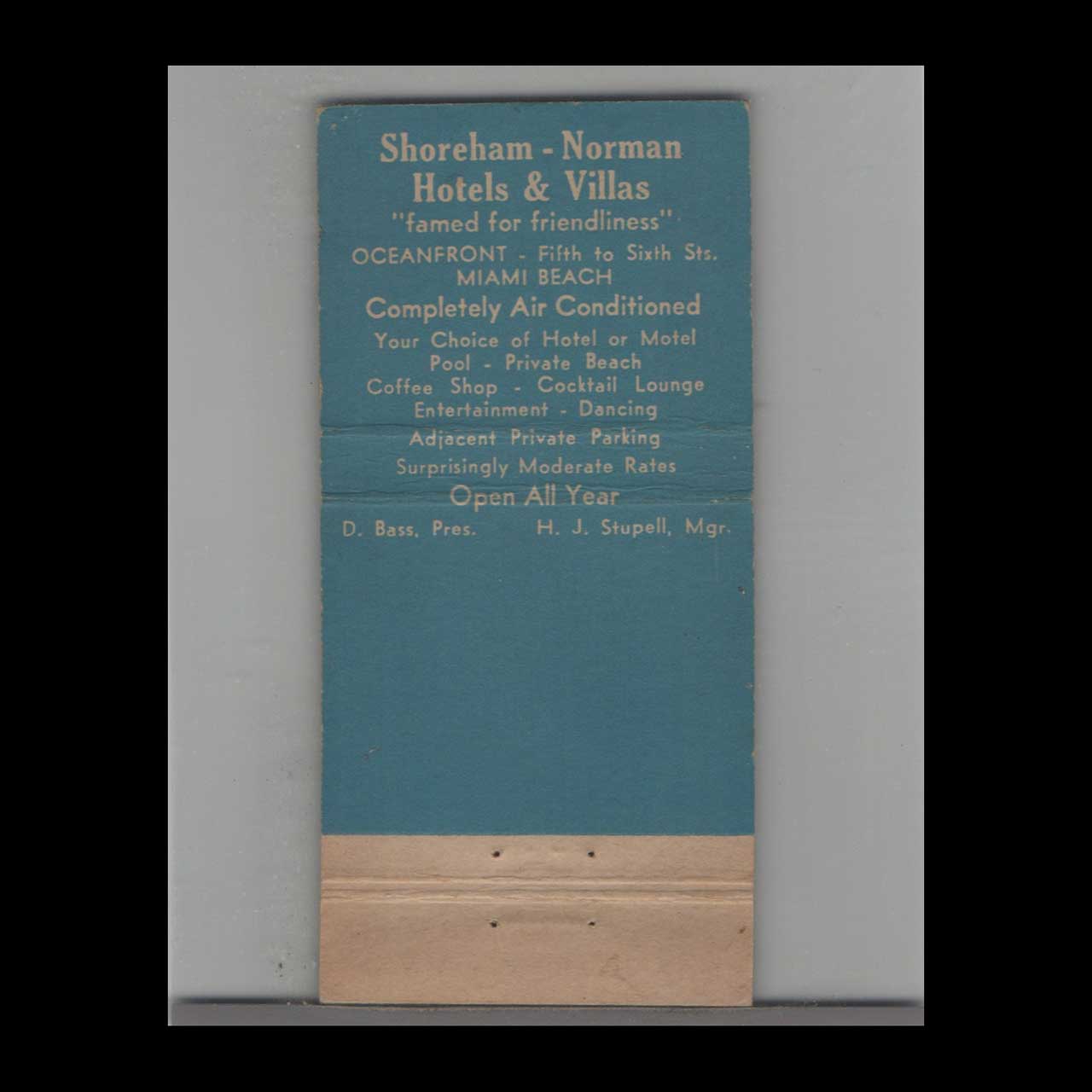 Matchbook Cover Miami Beach FL Shoreham Norman Hotels & Villas Matchbook Cover Miami Beach FL Shoreham Norman Hotels & Villas