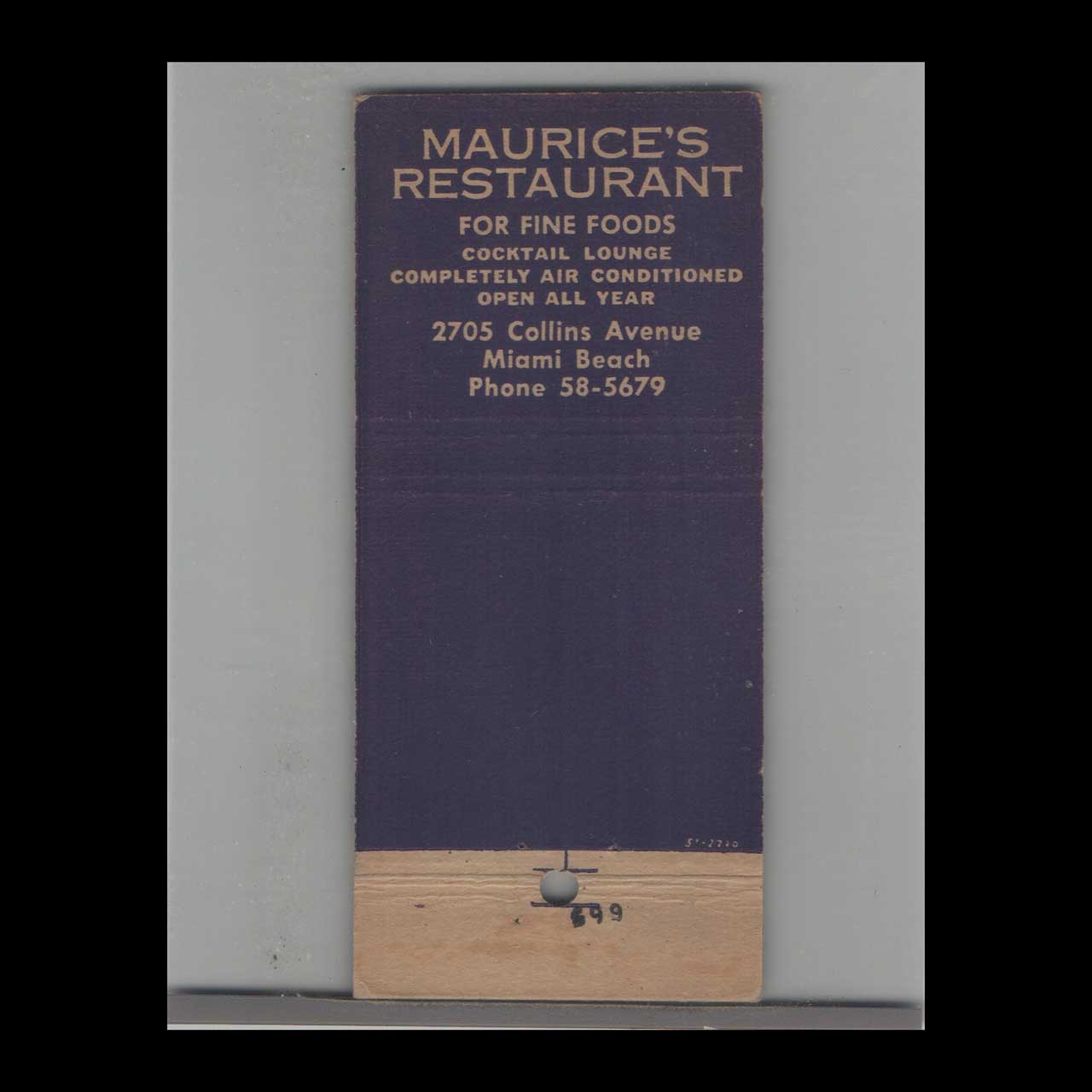 Matchbook Cover Miami Beach FL Maurices Restaurant Matchbook Cover Miami Beach FL Maurices Restaurant
