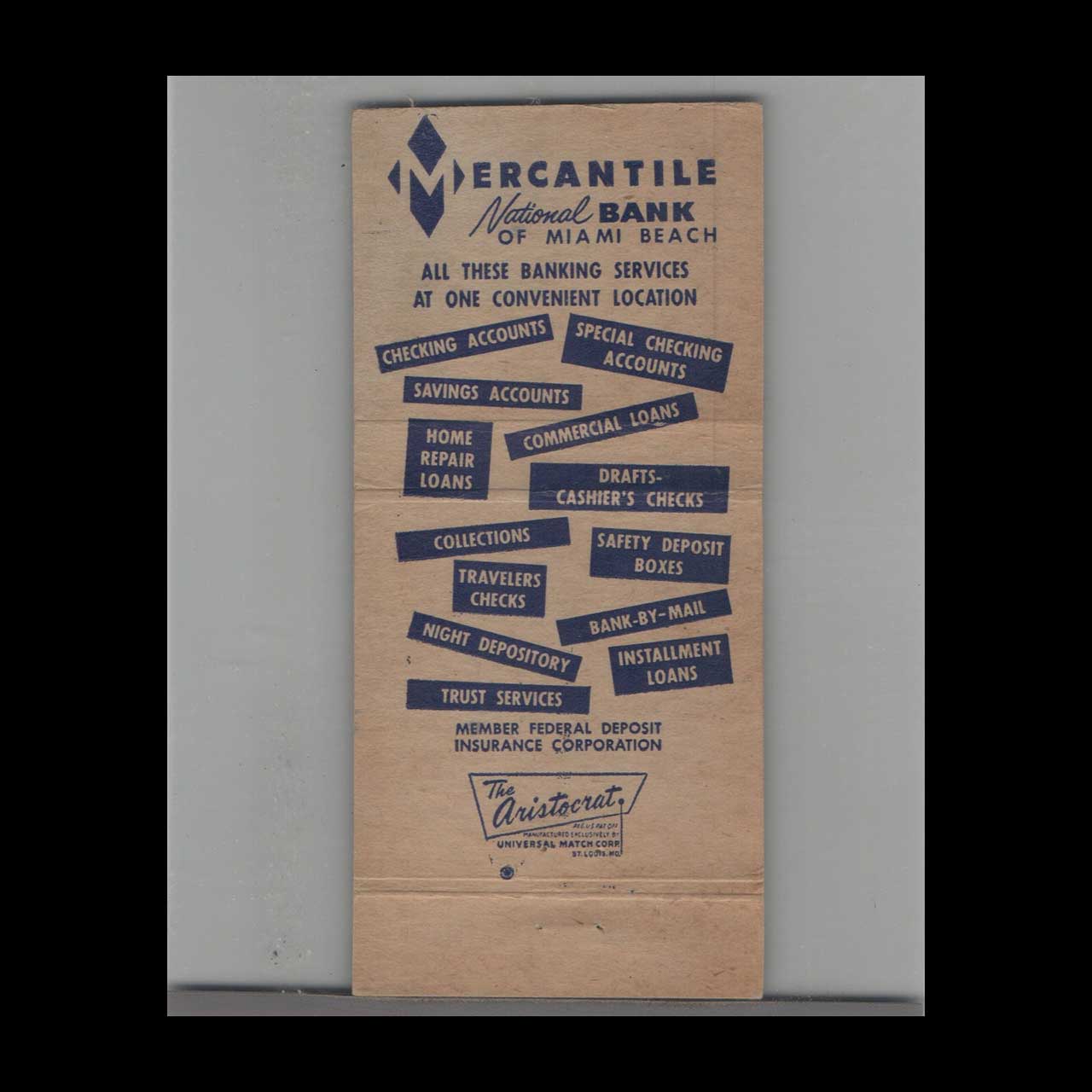Matchbook Cover Miami Beach FL Mercantile National Bank Matchbook Cover Miami Beach FL Mercantile National Bank