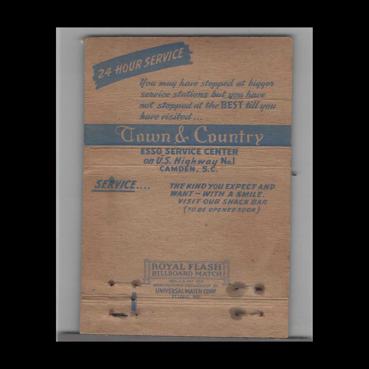 Town & Country Esso Service Camden SC Matchbook Cover Town & Country Esso Service Camden SC Matchbook Cover