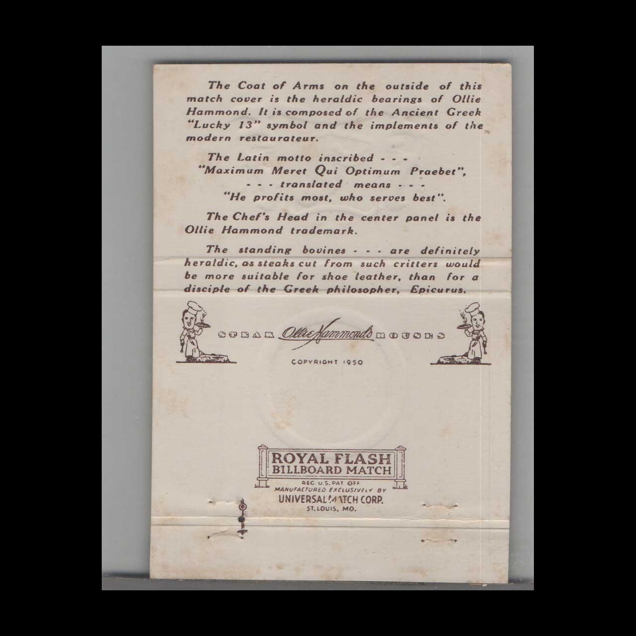 Ollie Hammonds Steak House Matchbook Cover Beverly Hills Ollie Hammonds Steak House Matchbook Cover Beverly Hills