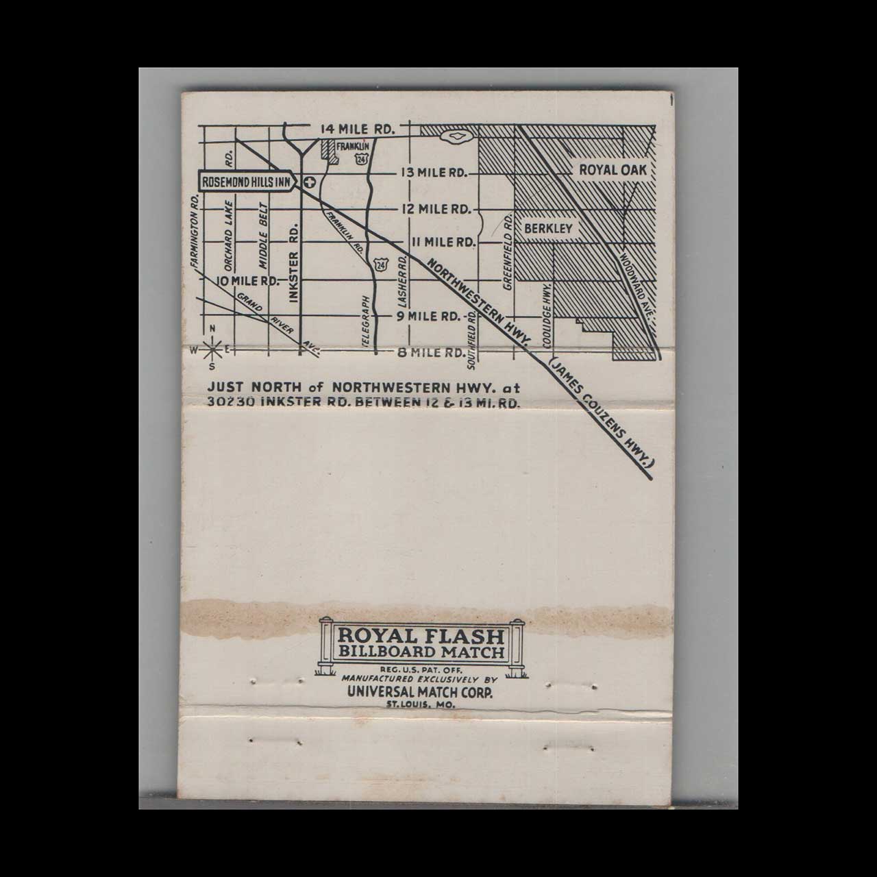 Joe Masters Rosemond Hills Inn Matchbook Cover Joe Masters Rosemond Hills Inn Matchbook Cover