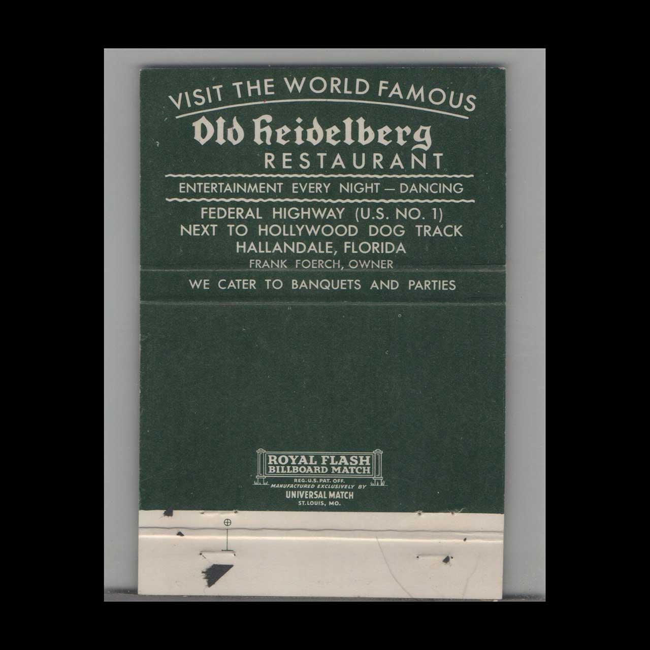Old Heidelberg Restaurant Matchbook Cover Hallandale FL Old Heidelberg Restaurant Matchbook Cover Hallandale FL