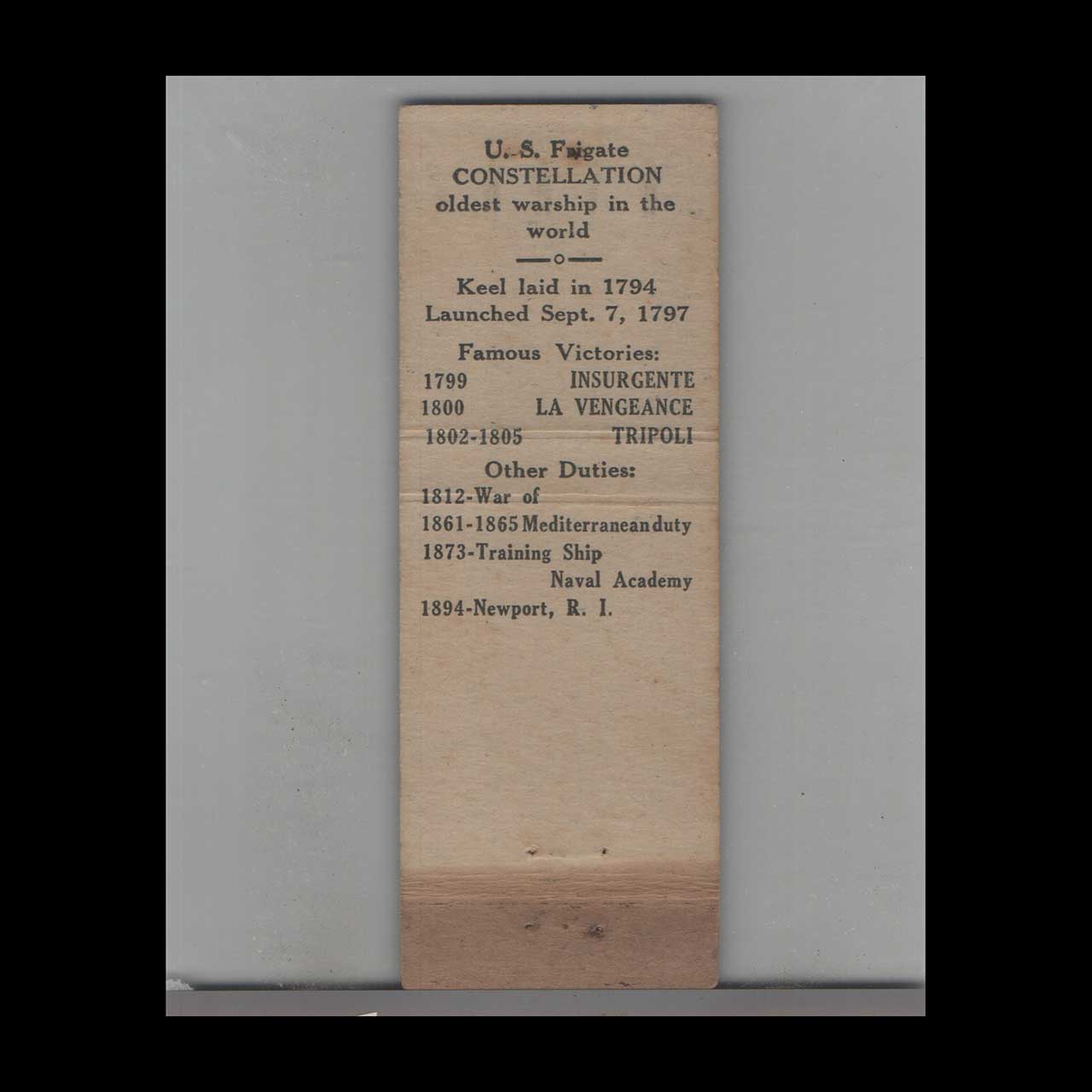 Navy Ship US Frigate Constitution Matchbook Cover Navy Ship US Frigate Constitution Matchbook Cover