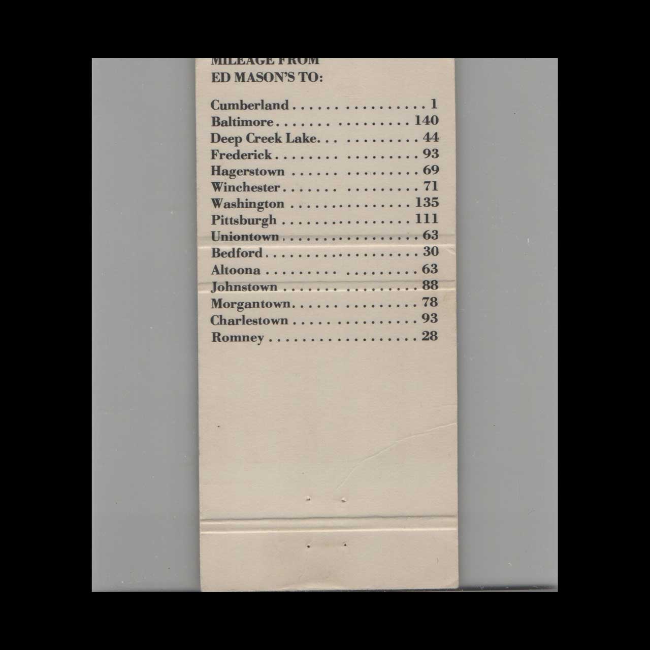 Ed Masons Restaurant Matchbook Cover Cumberland MD Ed Masons Restaurant Matchbook Cover Cumberland MD