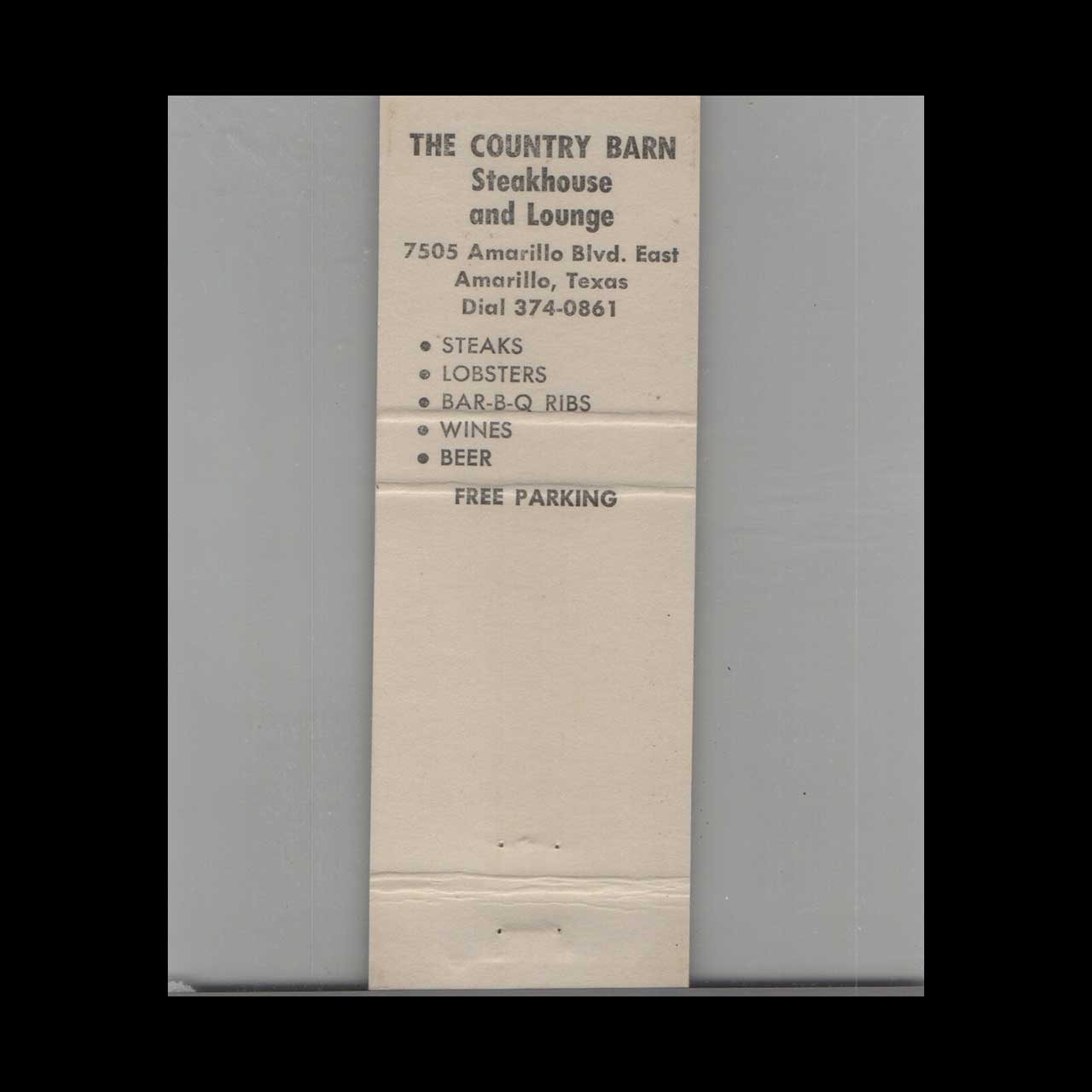 The Country Barn Steak House Amarillo Matchbook Cover The Country Barn Steak House Amarillo Matchbook Cover