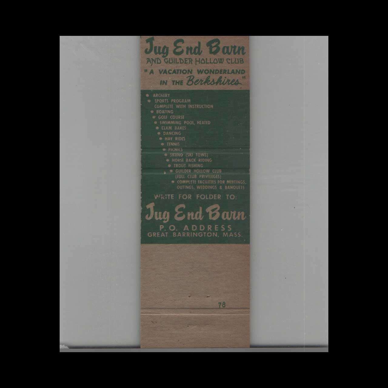 Jug End Barn Matchbook Cover South Egremont MA Jug End Barn Matchbook Cover South Egremont MA