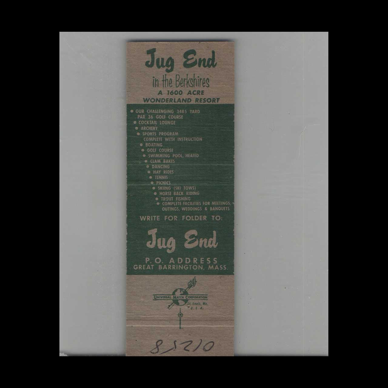 Jug End Matchbook Cover South Egremont MA Jug End Matchbook Cover South Egremont MA