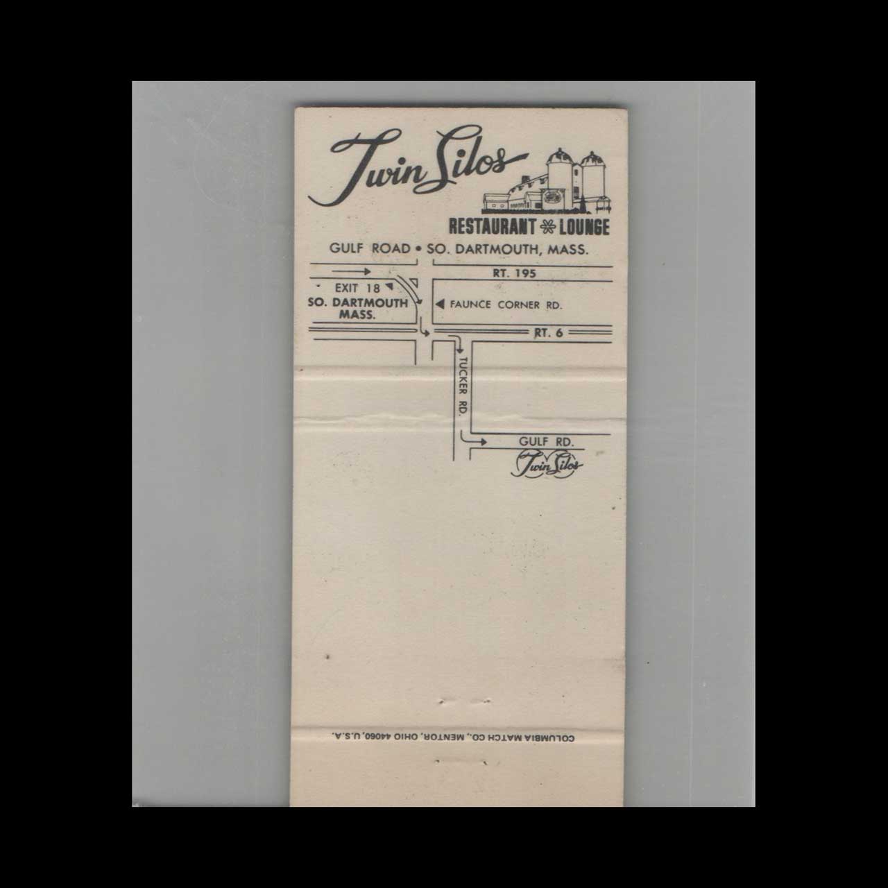 Twin Silos Restaurant Matchbook Cover South Dartmouth Twin Silos Restaurant Matchbook Cover South Dartmouth