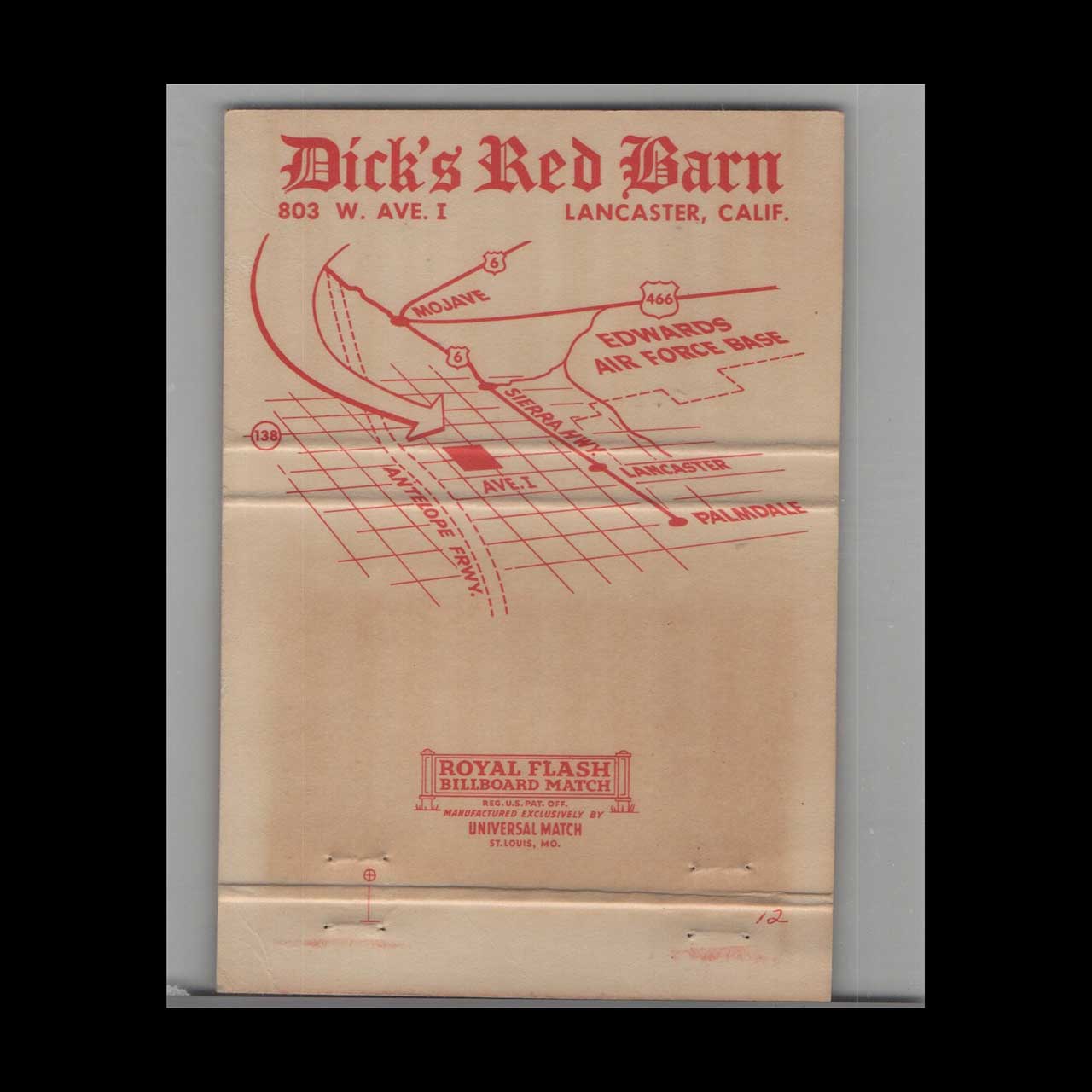 Dicks Red Barn Restaurant Matchbook Cover Lancaster CA Dicks Red Barn Restaurant Matchbook Cover Lancaster CA