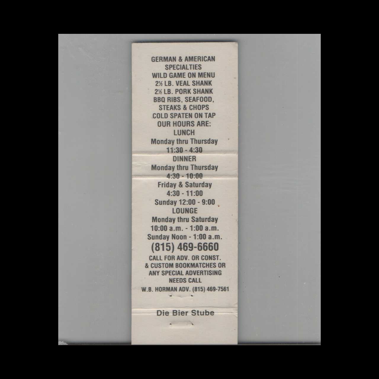 Die Bier Stube Frankfort IL Matchbook Cover Die Bier Stube Frankfort IL Matchbook Cover