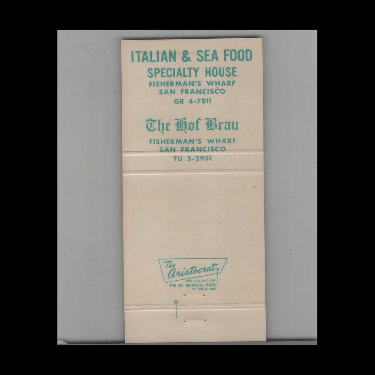 Peter Aliotos Italian Sea Food San Francisco Matchbook Cover Peter Aliotos Italian Sea Food San Francisco Matchbook Cover