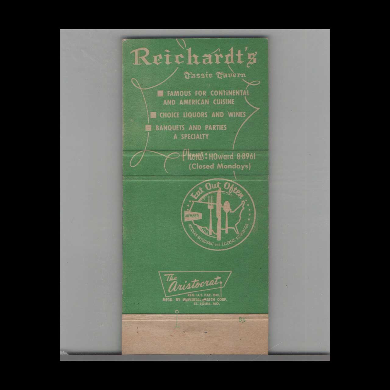 Reichardts Tassie Tavern Matchbook Cover Mt Clemens MI Reichardts Tassie Tavern Matchbook Cover Mt Clemens MI
