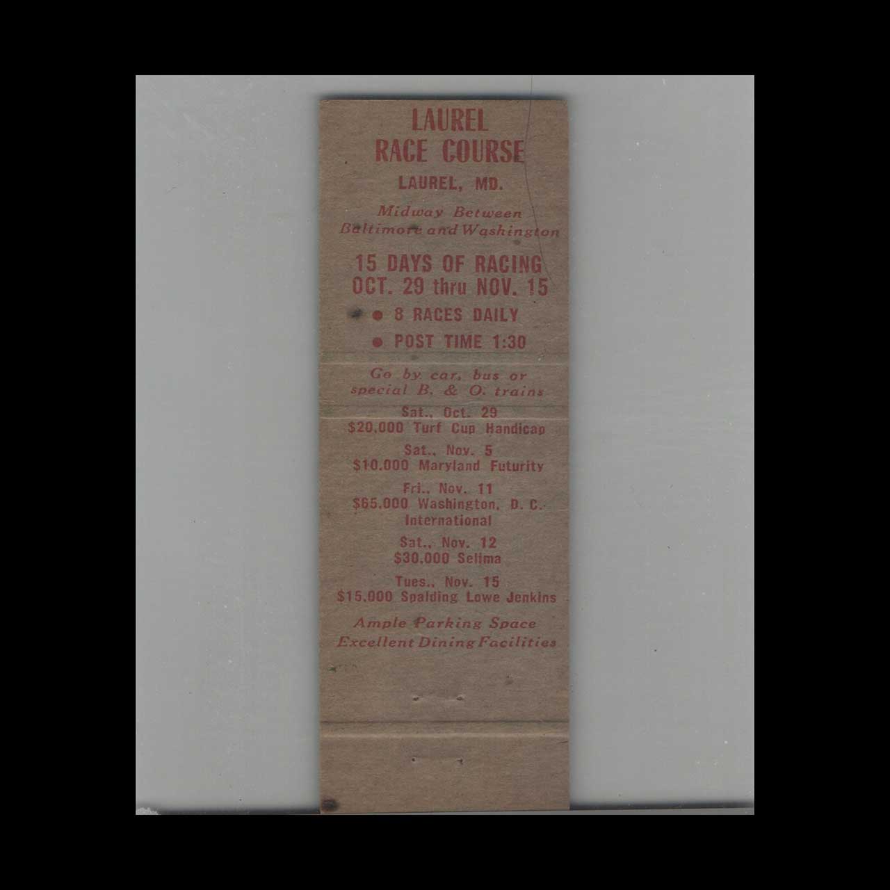 Laurel Races Matchbook Cover Washington DC Laurel Races Matchbook Cover Washington DC