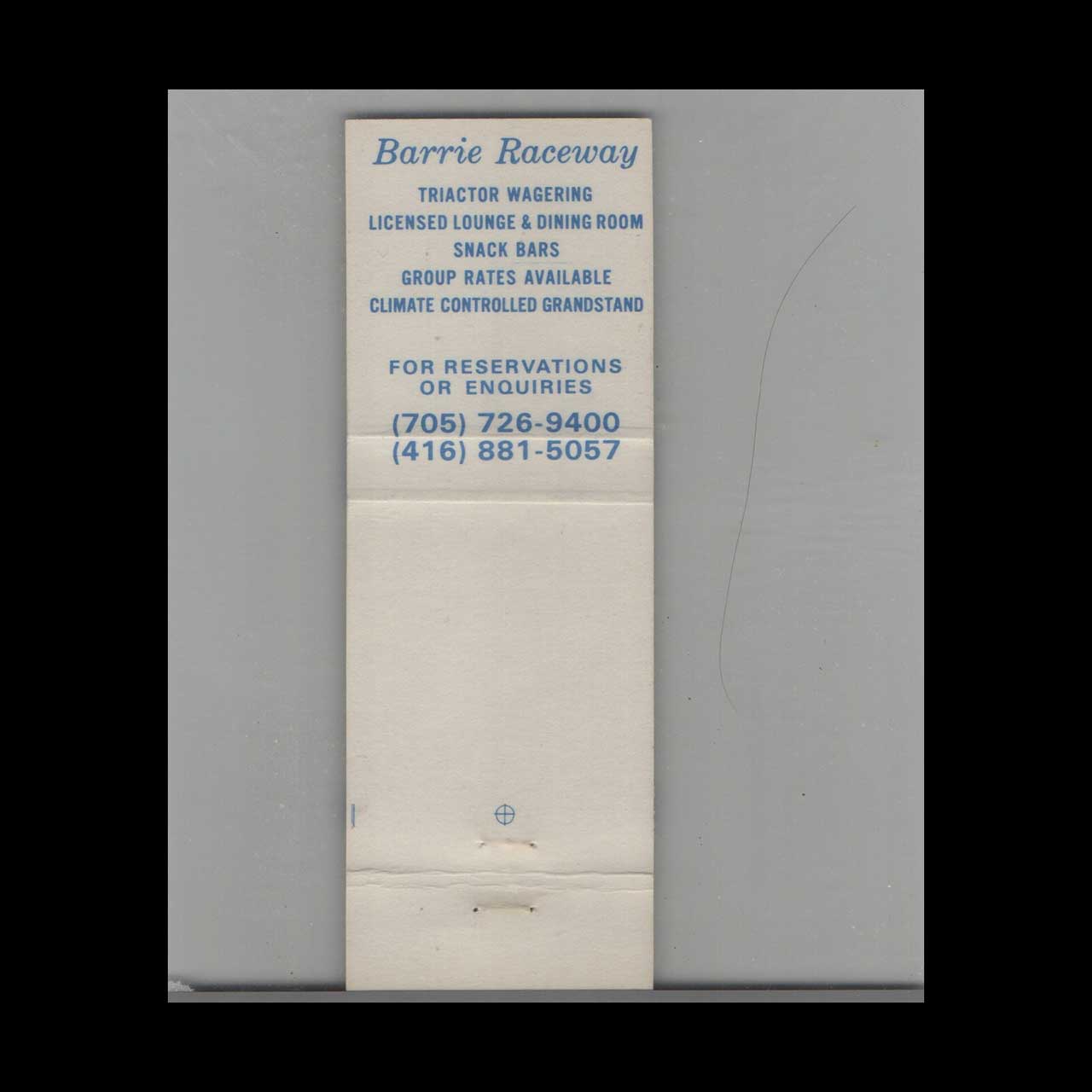 Barrie Raceway Horse Racing Matchbook Cover Barrie ON Barrie Raceway Horse Racing Matchbook Cover Barrie ON