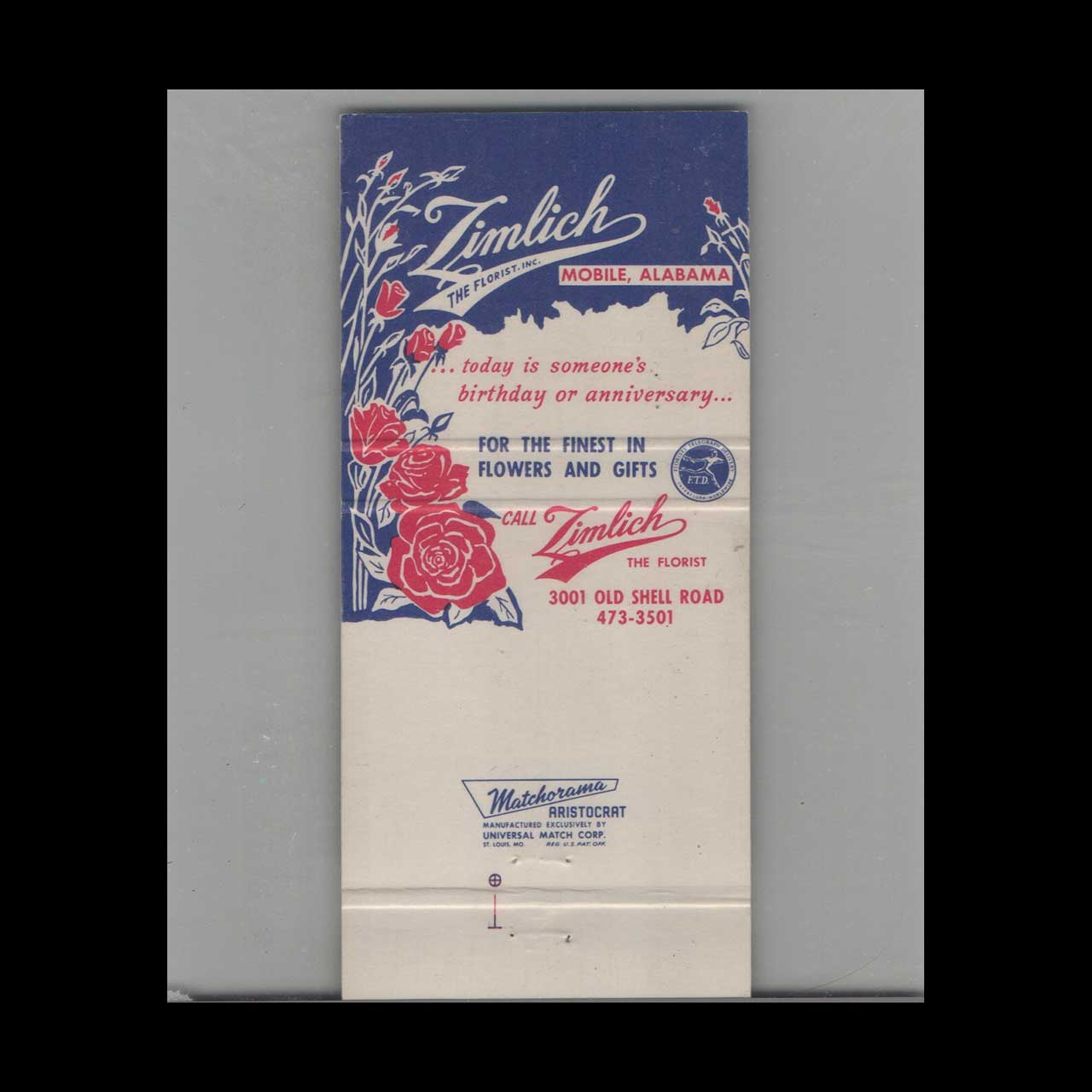 Matchbook Cover Zimlich The Florist Mobile AL Matchbook Cover Zimlich The Florist Mobile AL