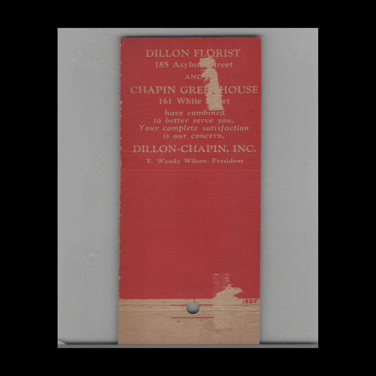 Matchbook Cover Dillon Chapin Florist Greenhouse Hartford CT Matchbook Cover Dillon Chapin Florist Greenhouse Hartford CT