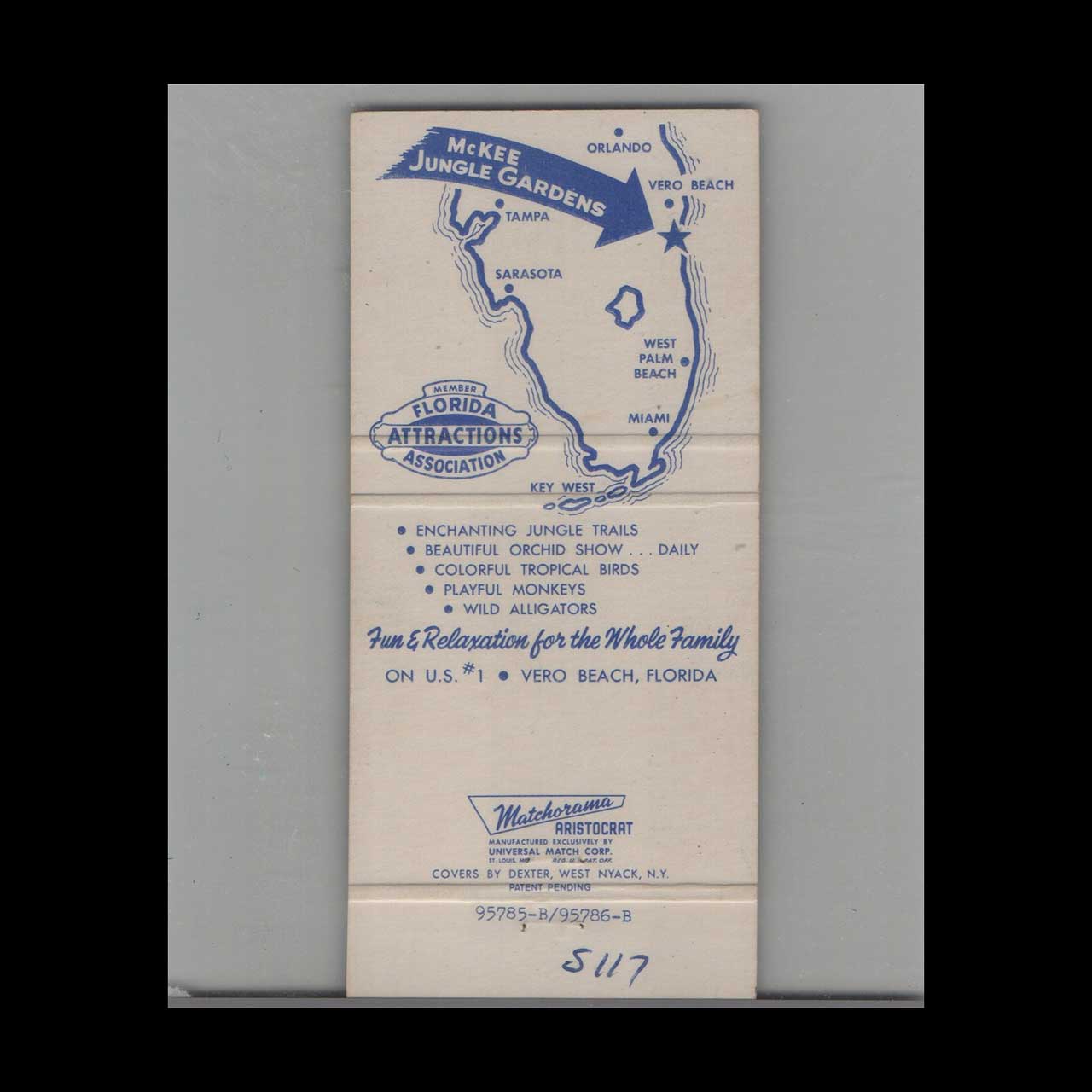 Matchbook Cover McKee Jungle Gardens Vero Beach FL Matchbook Cover McKee Jungle Gardens Vero Beach FL