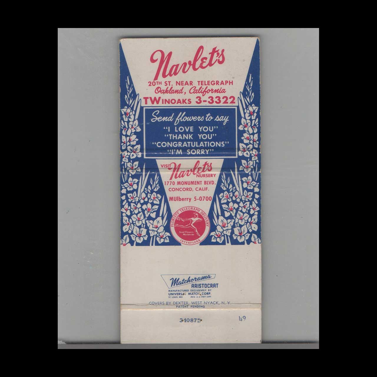 Matchbook Cover Navlets Nursery Oakland CA Matchbook Cover Navlets Nursery Oakland CA