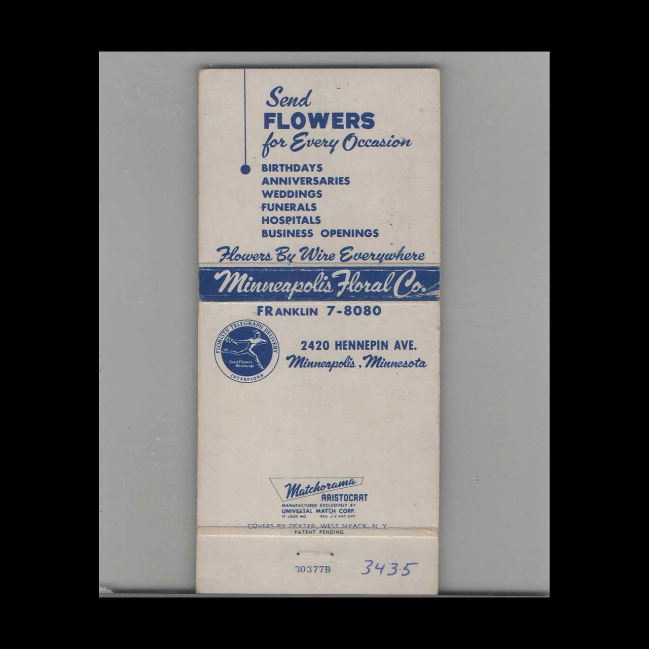 Matchbook Cover Minneapolis Floral Co Minneapolis MN Matchbook Cover Minneapolis Floral Co Minneapolis MN