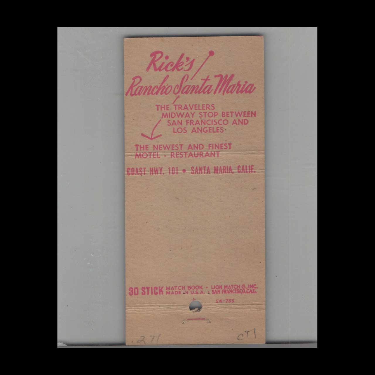 Matchbook Cover Ricks Rancho Restaurant Santa Maria CA Matchbook Cover Ricks Rancho Restaurant Santa Maria CA