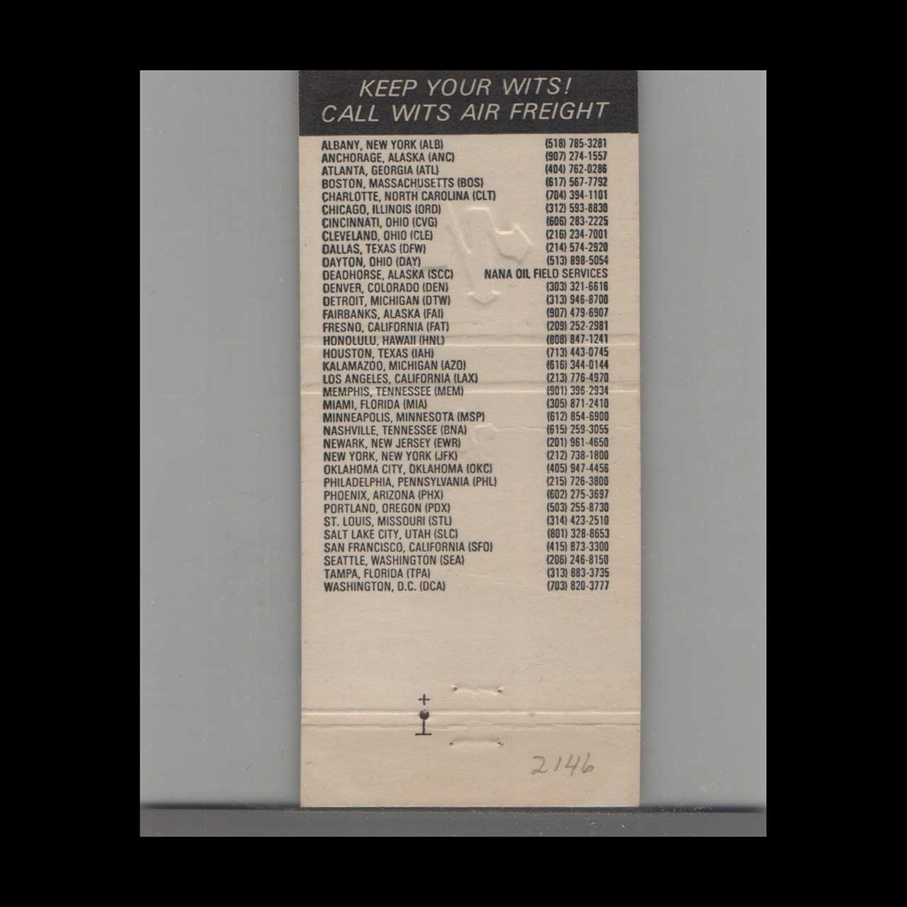 Aviation Wits Air Freight Seattle Matchbook Cover Aviation Wits Air Freight Seattle Matchbook Cover