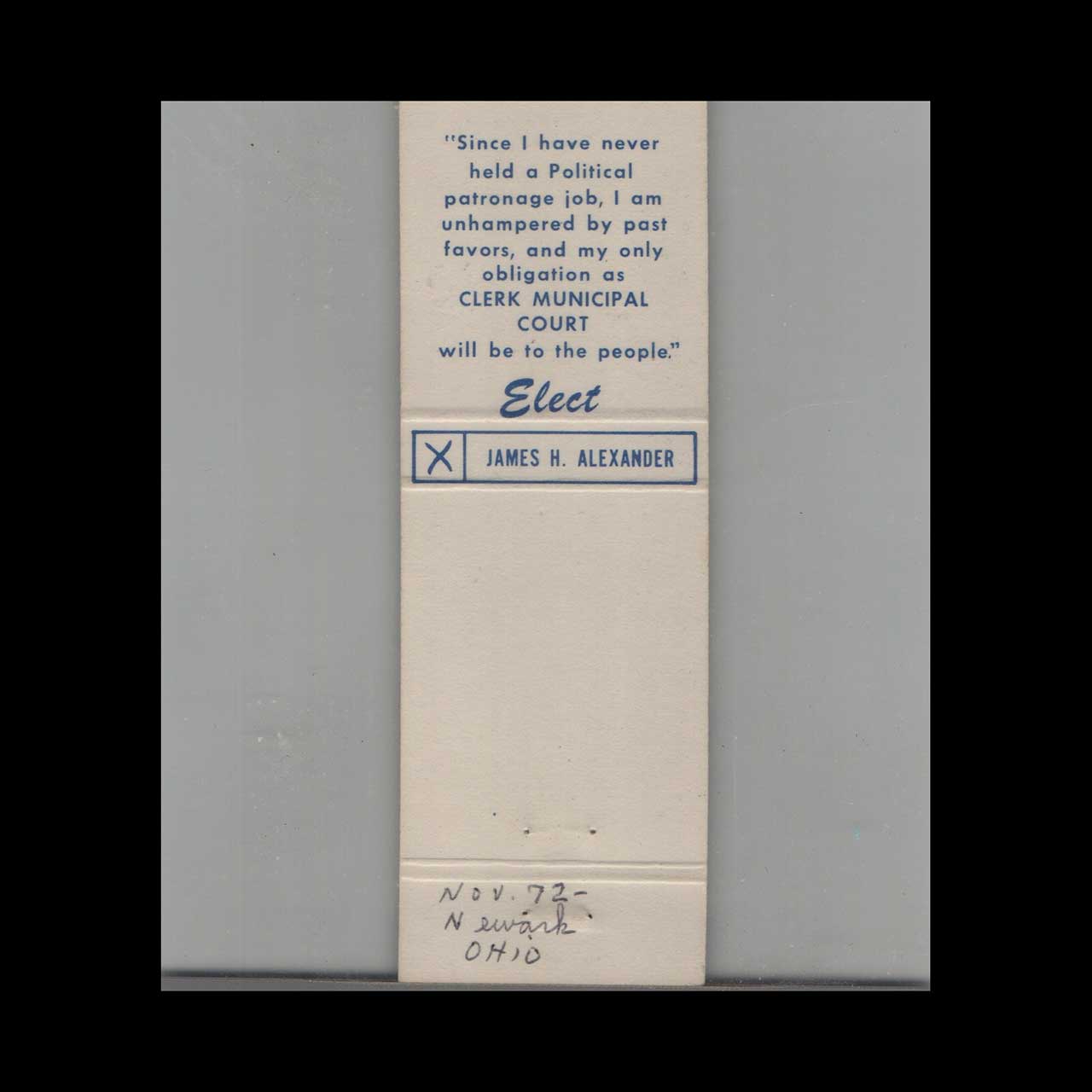 Elect James H Alexander Clerk Licking Co Matchbook Cover Elect James H Alexander Clerk Licking Co Matchbook Cover