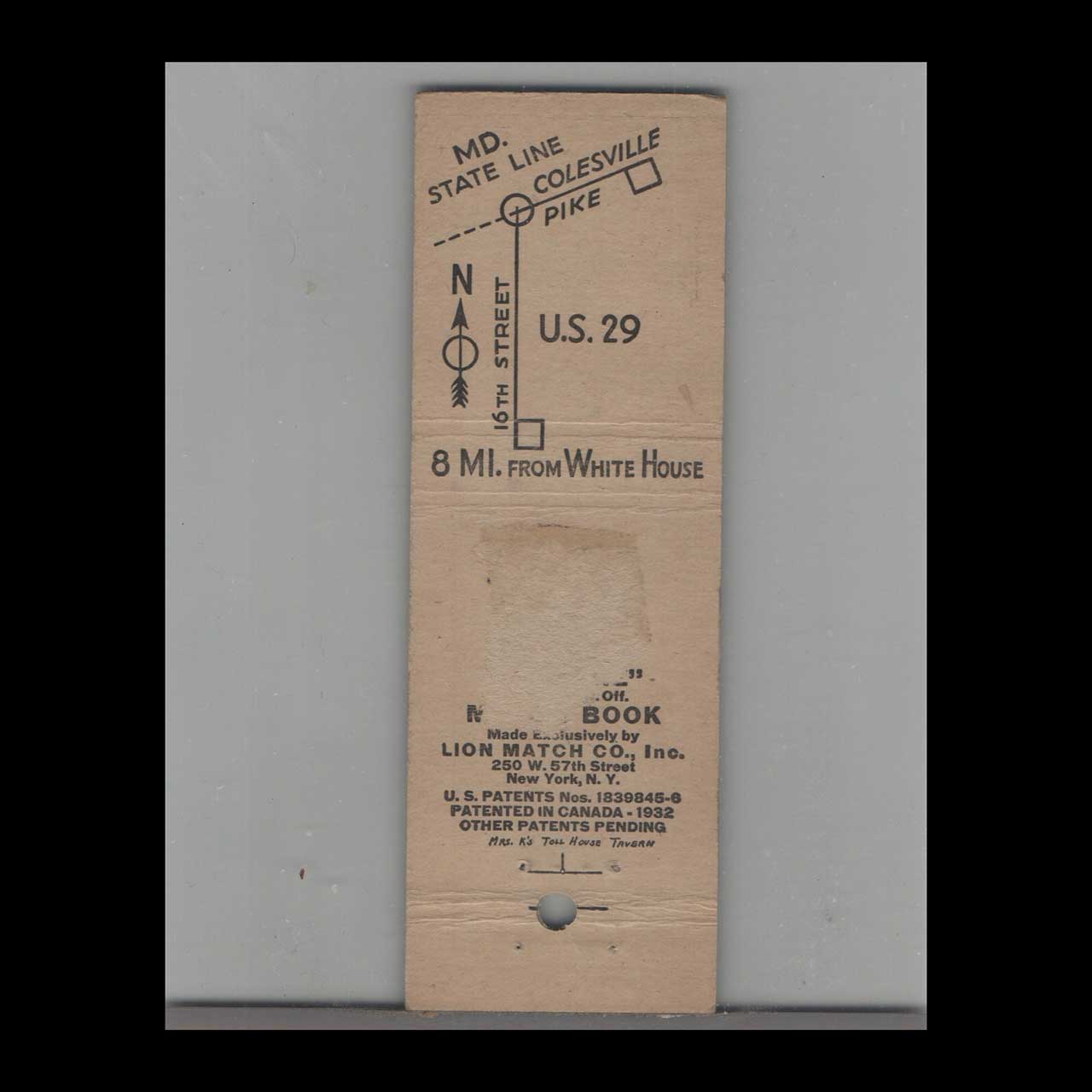 Toll House Tavern Dinners Matchbook Cover Silver Spring Toll House Tavern Dinners Matchbook Cover Silver Spring