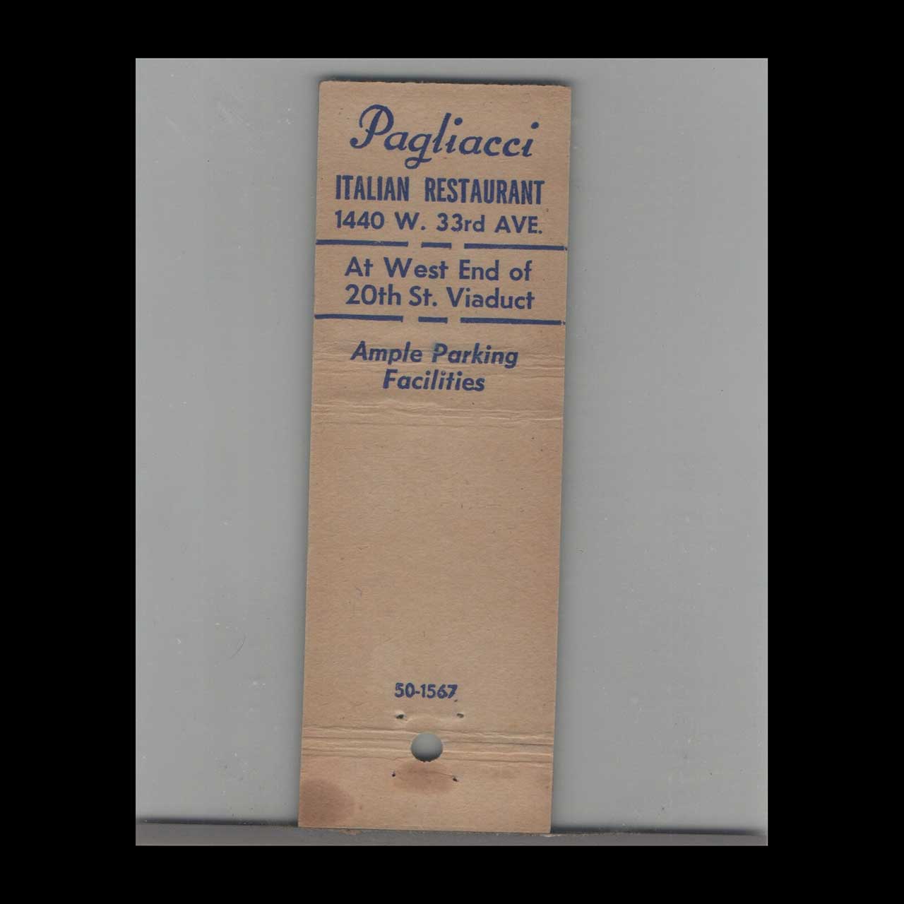 Pagliacci Italian Restaurant Matchbook Cover Denver CO Pagliacci Italian Restaurant Matchbook Cover Denver CO