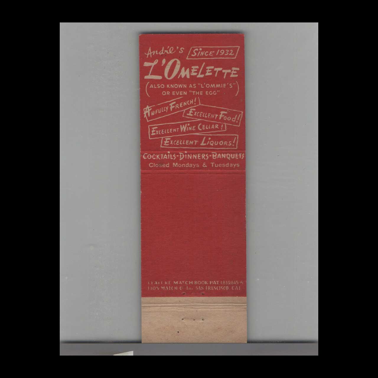 LOmelette French Restaurant Matchbook Cover Palo Alto LOmelette French Restaurant Matchbook Cover Palo Alto