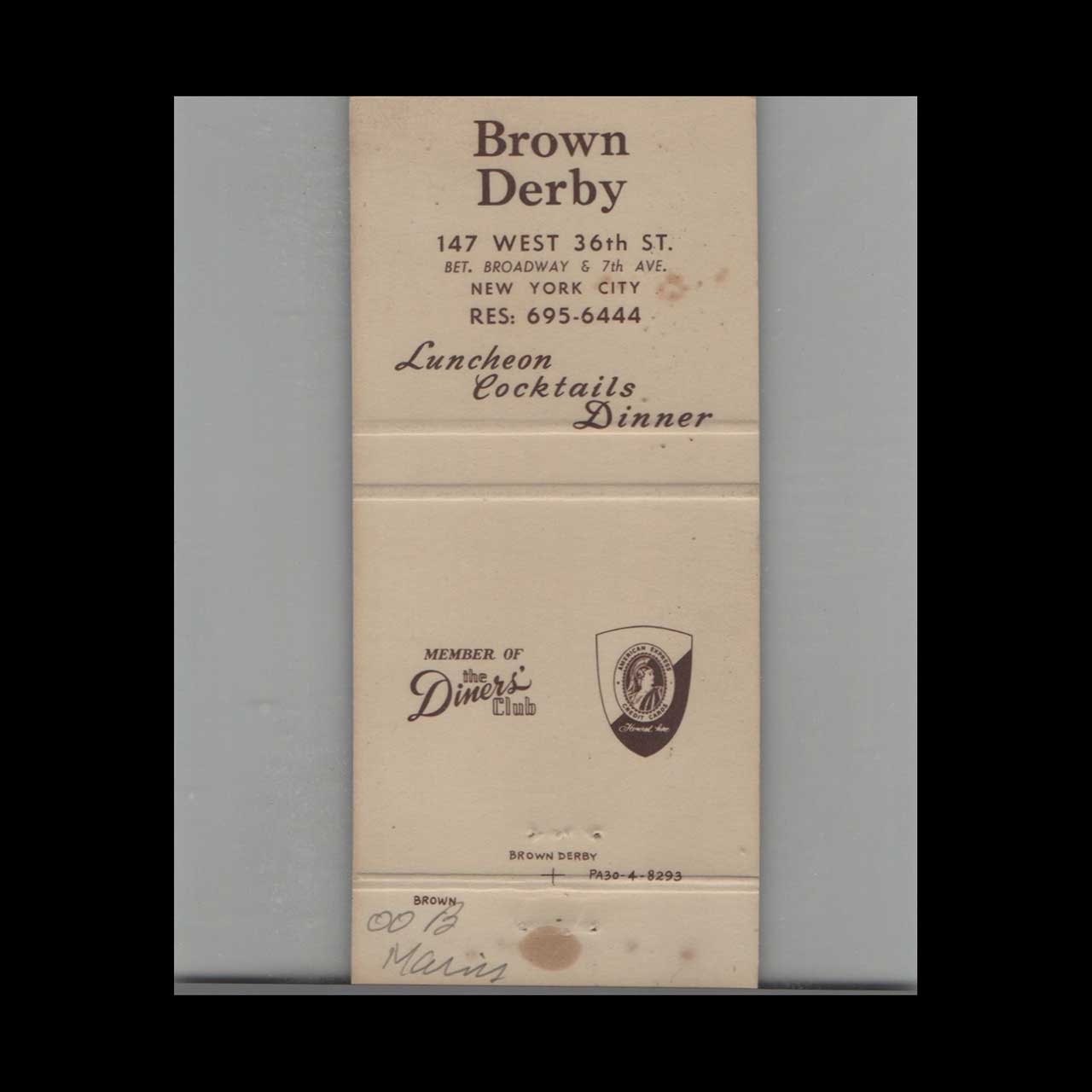 Brown Derby New York Matchbook Cover Brown Derby New York Matchbook Cover