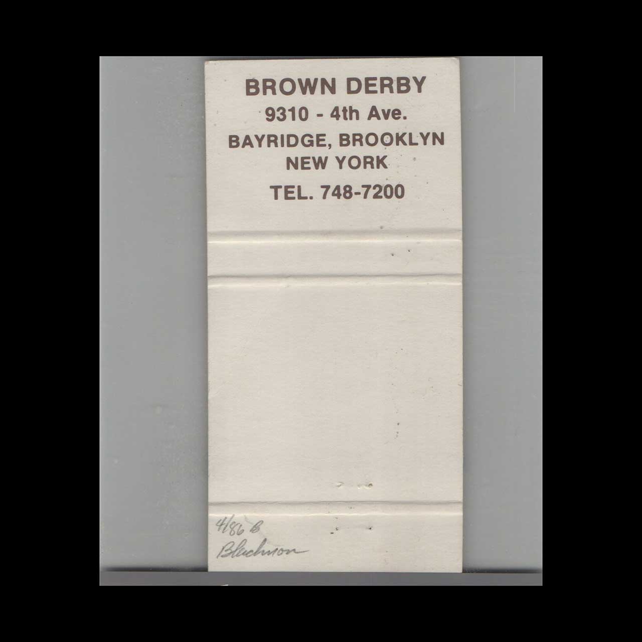 The Brown Derby Brownridge Brooklyn Matchbook Cover The Brown Derby Brownridge Brooklyn Matchbook Cover
