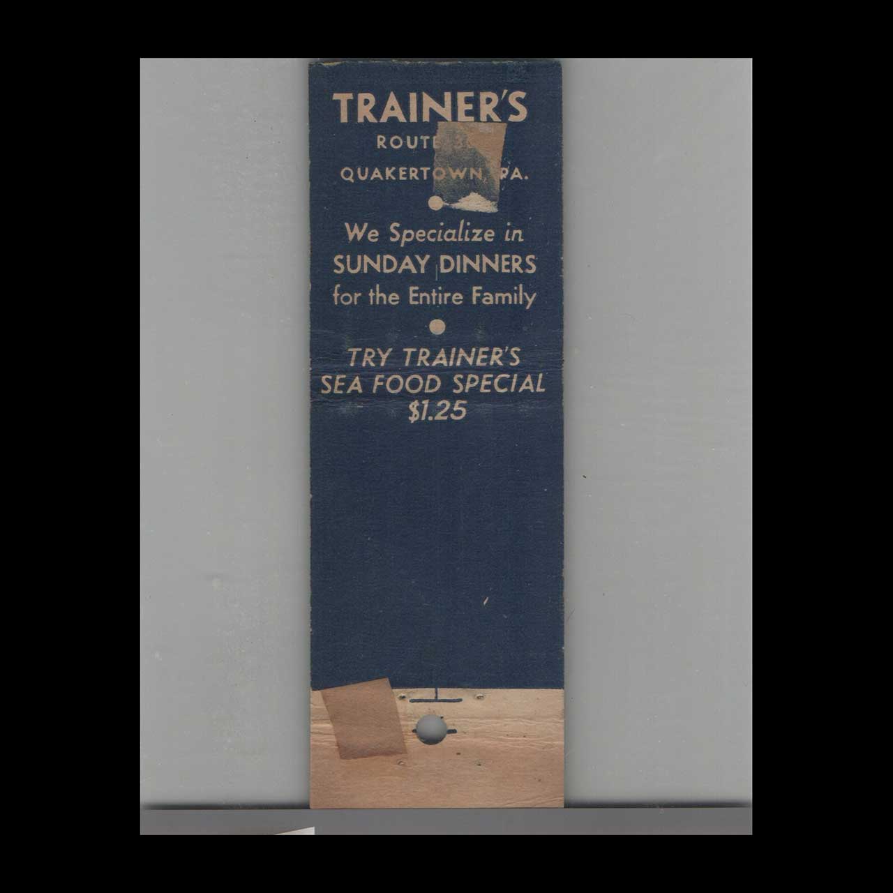 Trainers Seafood Restaurant Matchbook Cover Quakertown PA Trainers Seafood Restaurant Matchbook Cover Quakertown PA