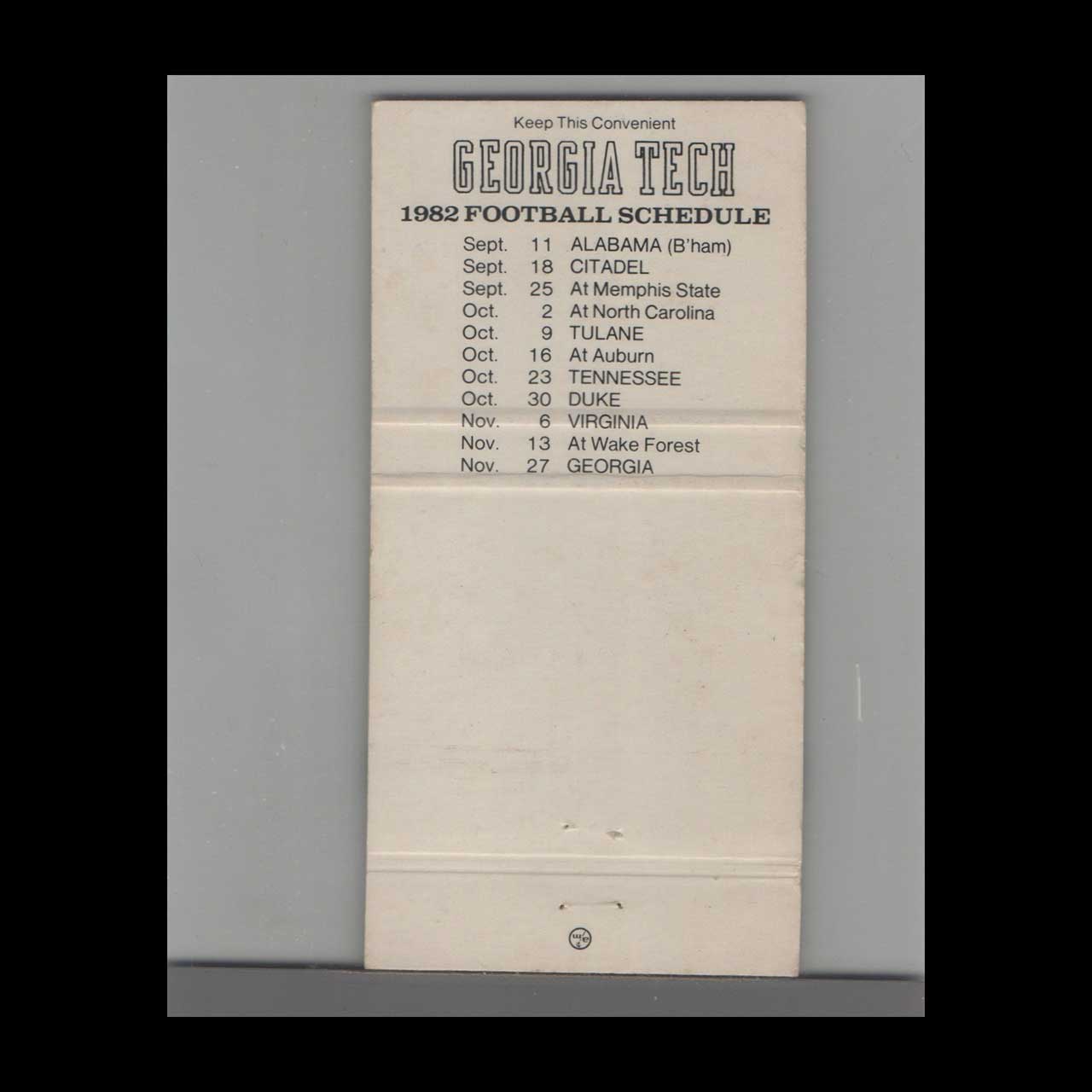 1982 Georgia Tech Football Schedule Matchbook Cover 1982 Georgia Tech Football Schedule Matchbook Cover