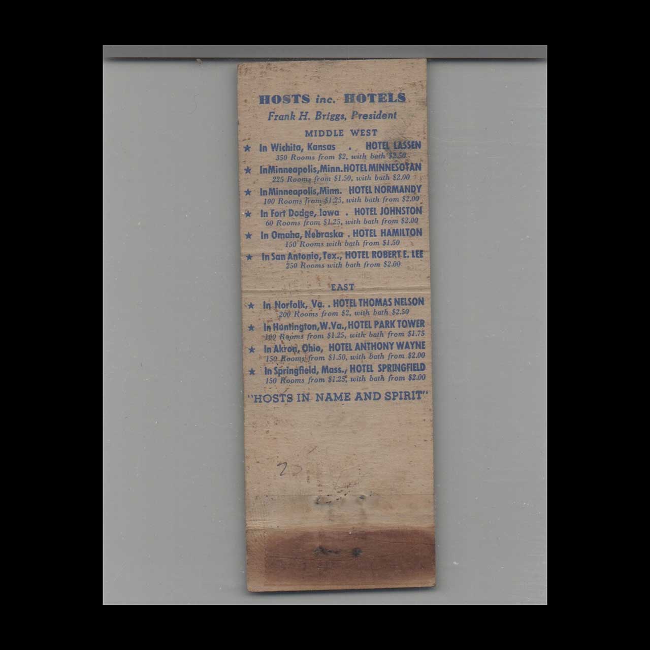 Matchbook Cover Hotel Springfield Springfield MA Matchbook Cover Hotel Springfield Springfield MA