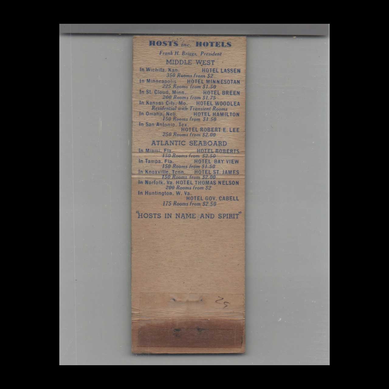 Matchbook Cover Hosts Hotels Hotel Gov Cabell Huntington WV Matchbook Cover Hosts Hotels Hotel Gov Cabell Huntington WV