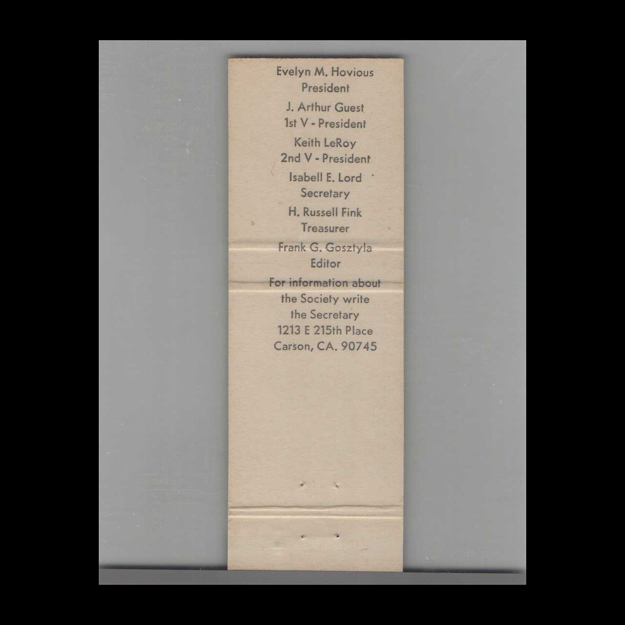 RMS Rathkamp 1971 Matchcover Society San Diego CA RMS Rathkamp 1971 Matchcover Society San Diego CA