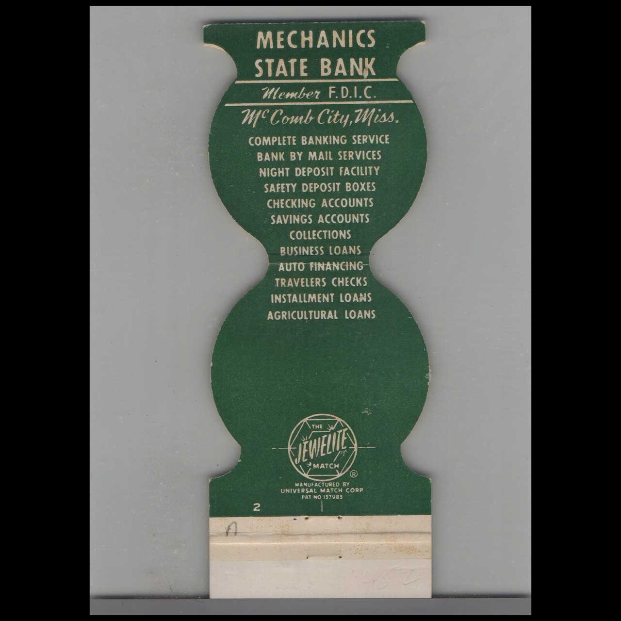 Matchbook Cover Jewelite Mechanics State Bank McComb City MS Matchbook Cover Jewelite Mechanics State Bank McComb City MS