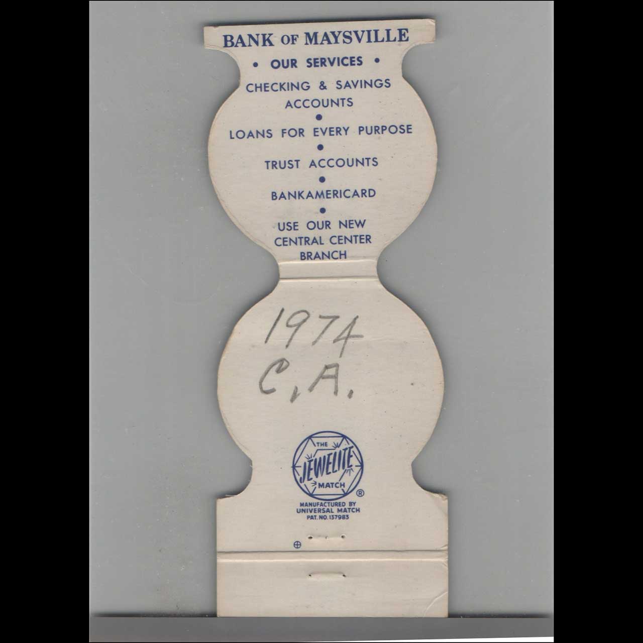 Matchbook Cover Jewelite Bank Of Maysville Est 1835 Maysville KY Matchbook Cover Jewelite Bank Of Maysville Est 1835 Maysville KY
